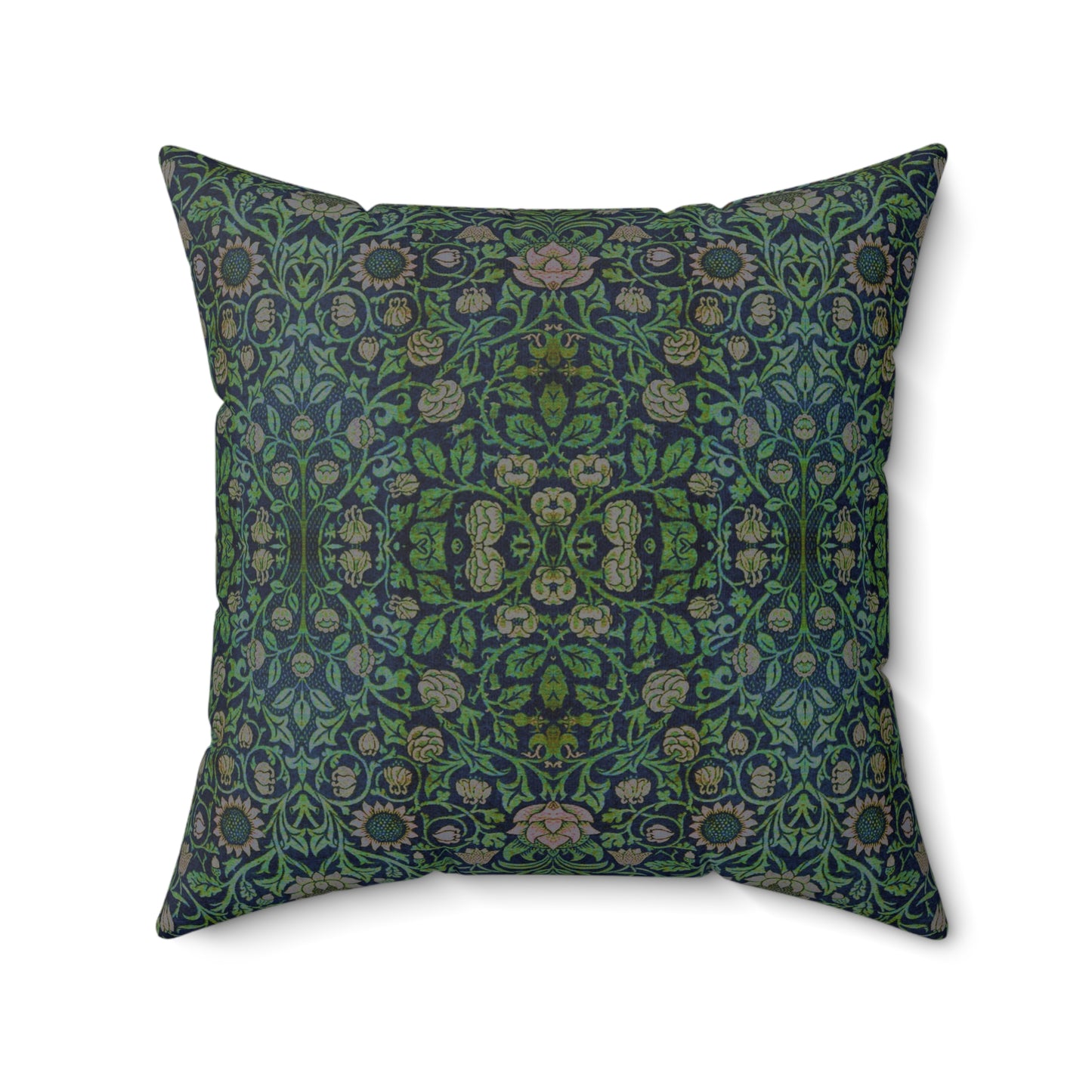 A square-shaped green faux suede cushion with a William Morris & Co floral pattern and a concealed zipper.