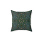 A square-shaped green faux suede cushion with a William Morris & Co floral pattern and a concealed zipper.