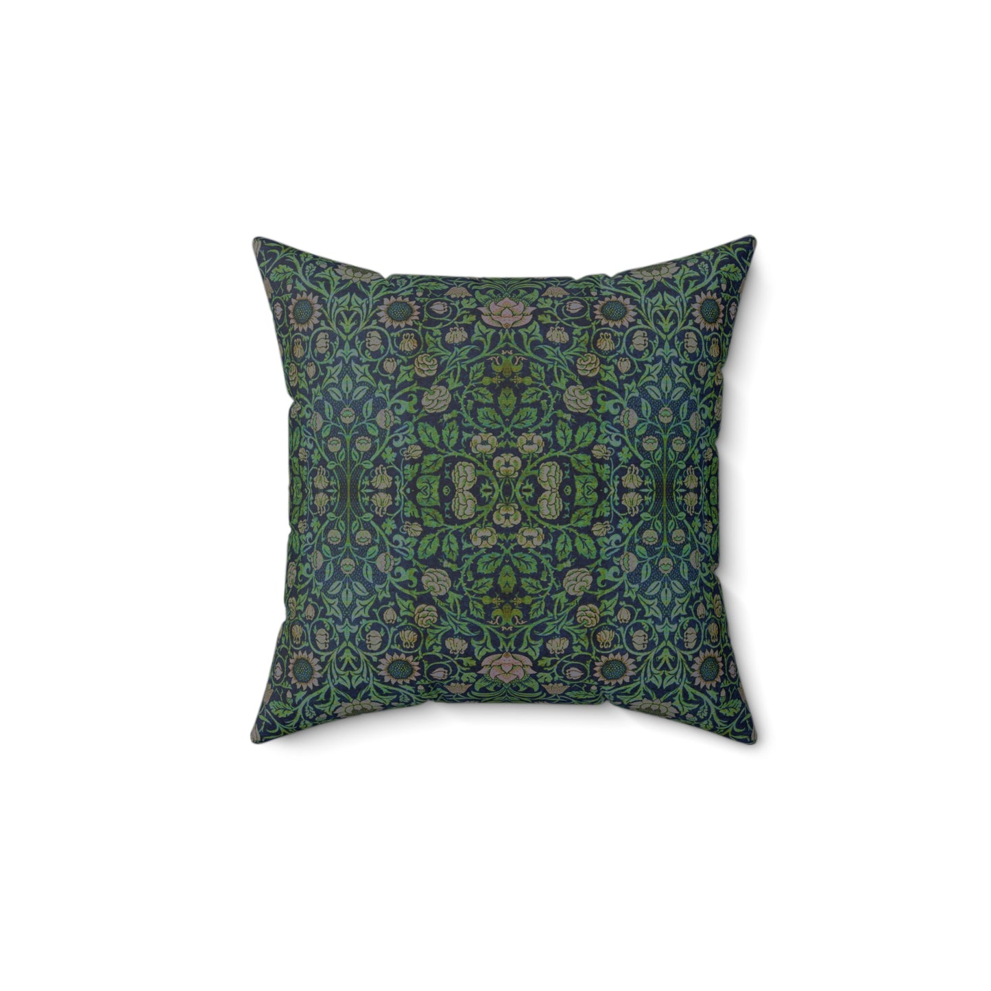 A square-shaped green faux suede cushion with a William Morris & Co floral pattern and a concealed zipper.