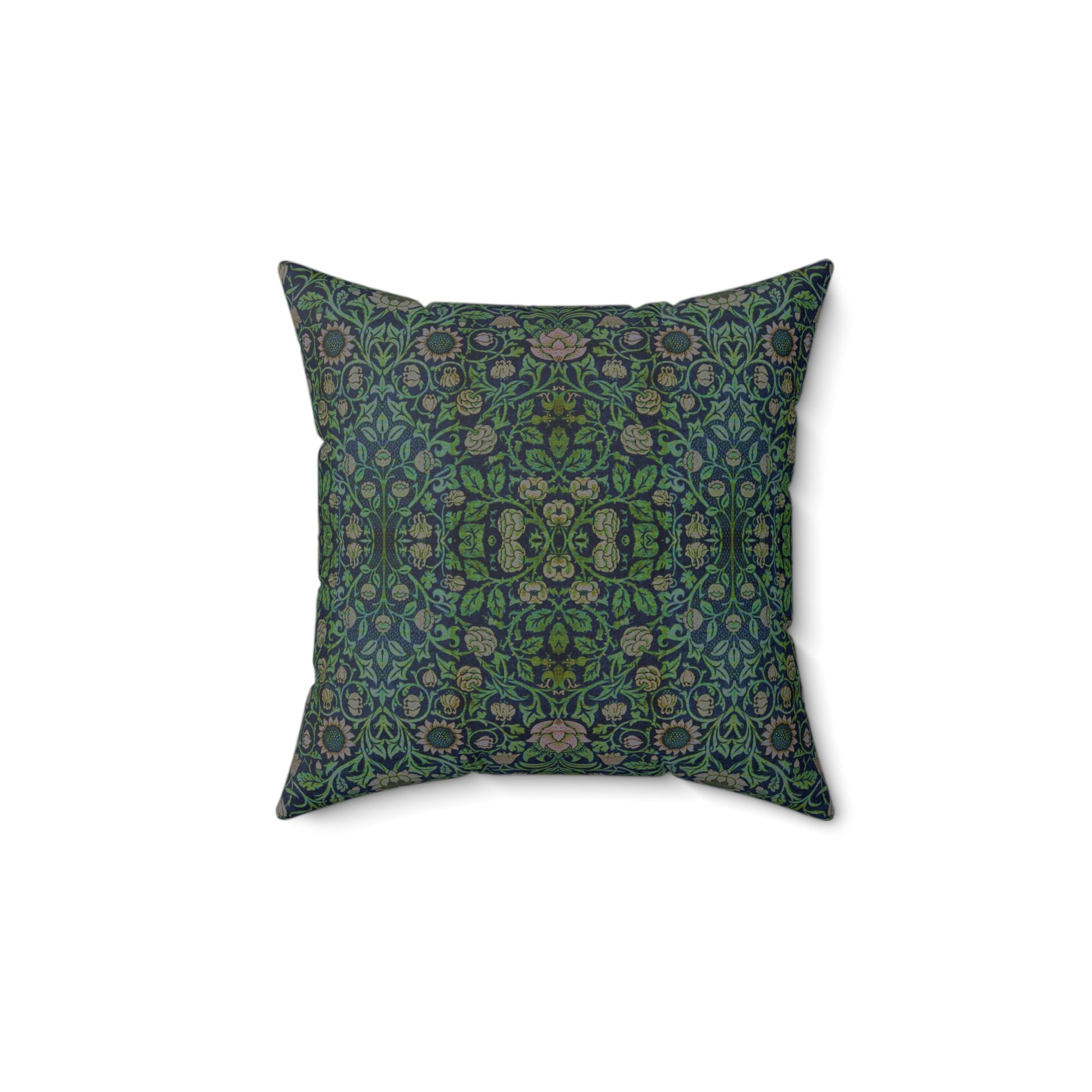 A square-shaped green faux suede cushion with a William Morris & Co floral pattern and a concealed zipper.