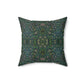 A square-shaped green faux suede cushion with a William Morris & Co floral pattern and a concealed zipper.