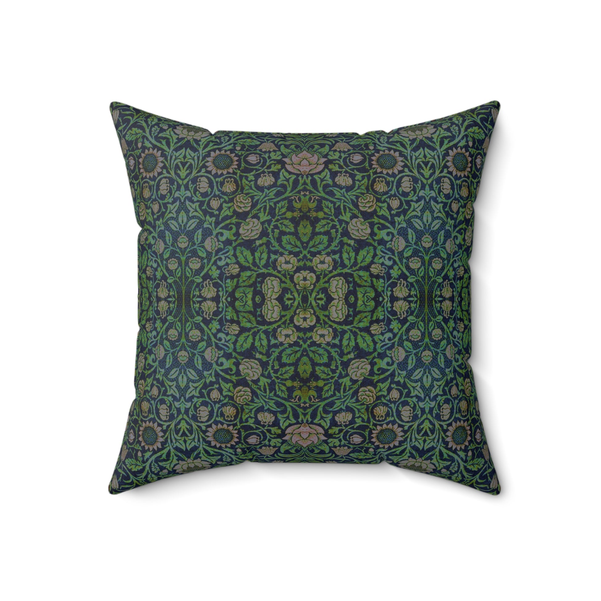A square-shaped green faux suede cushion with a William Morris & Co floral pattern and a concealed zipper.