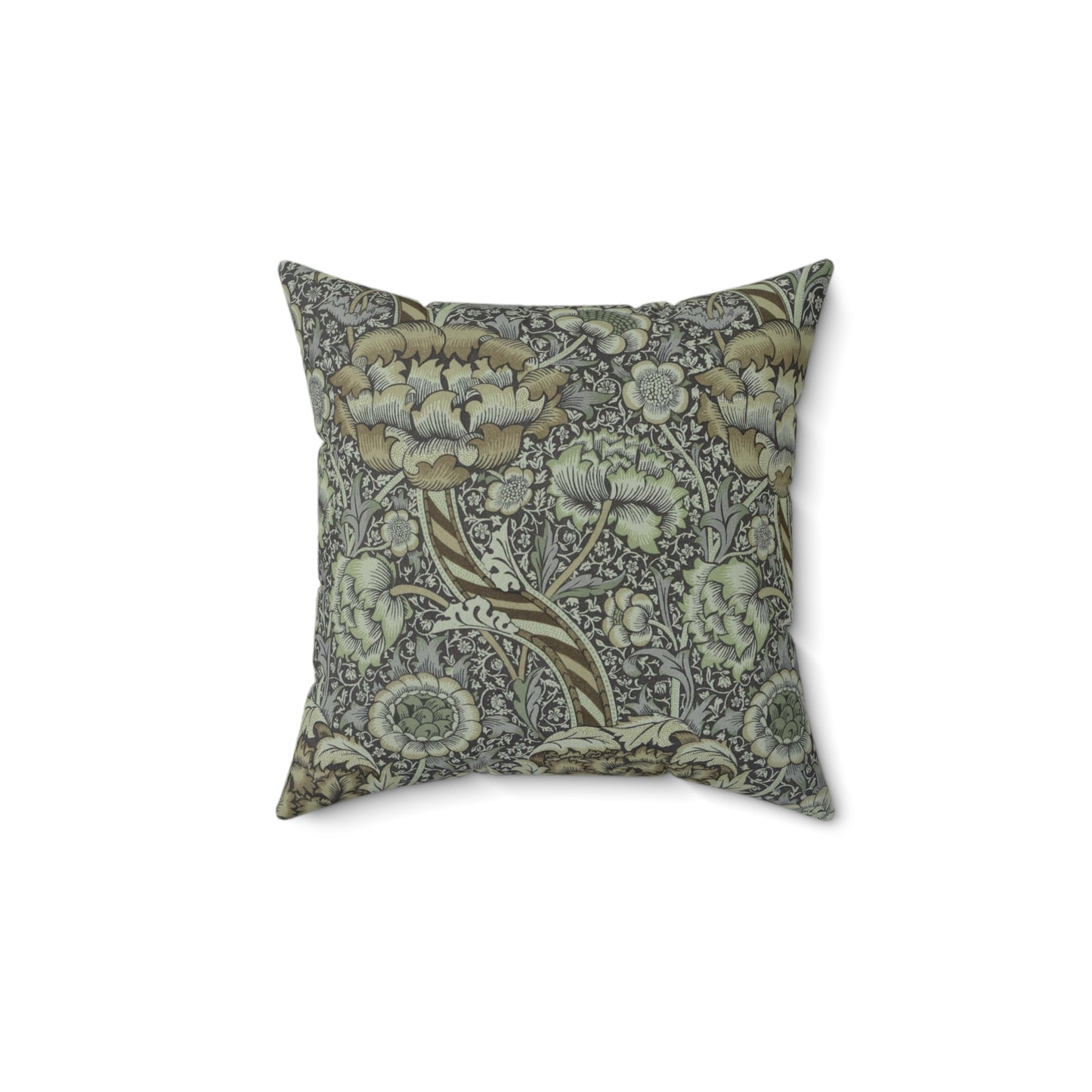 A square-shaped faux suede cushion with a William Morris & Co floral pattern in shades of gray and green called Wandle.