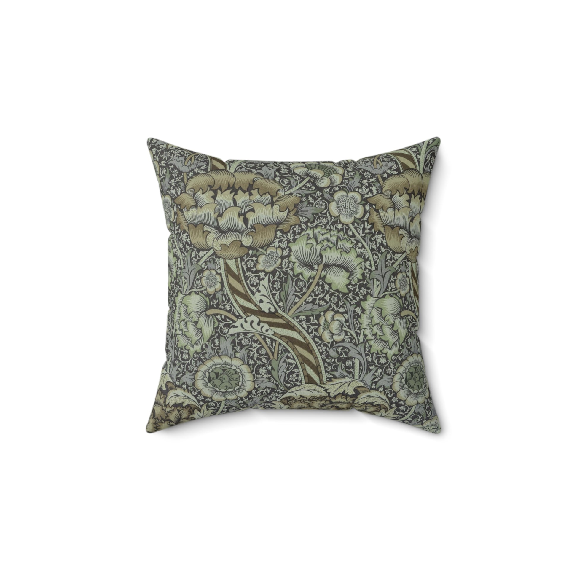 A square-shaped faux suede cushion with a William Morris & Co floral pattern in shades of gray and green called Wandle.