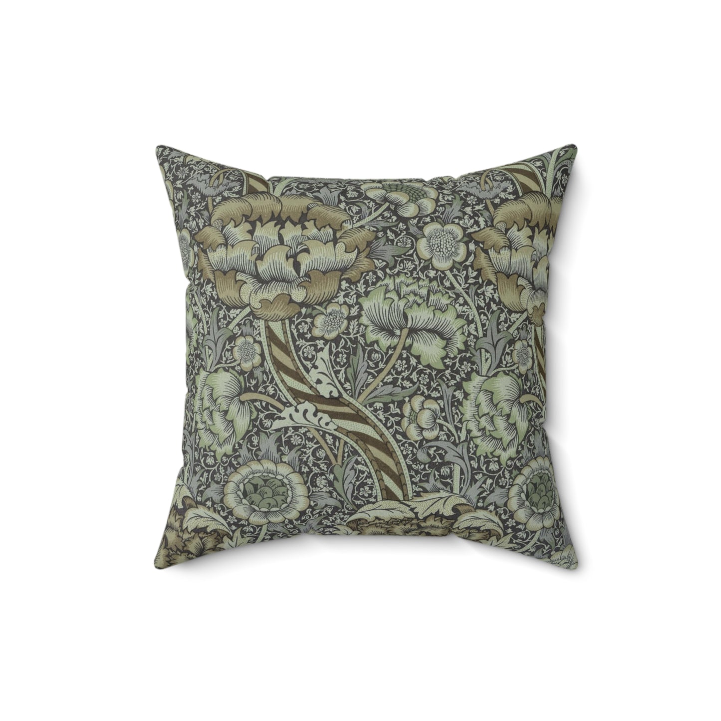A square-shaped faux suede cushion with a William Morris & Co floral pattern in shades of gray and green called Wandle.
