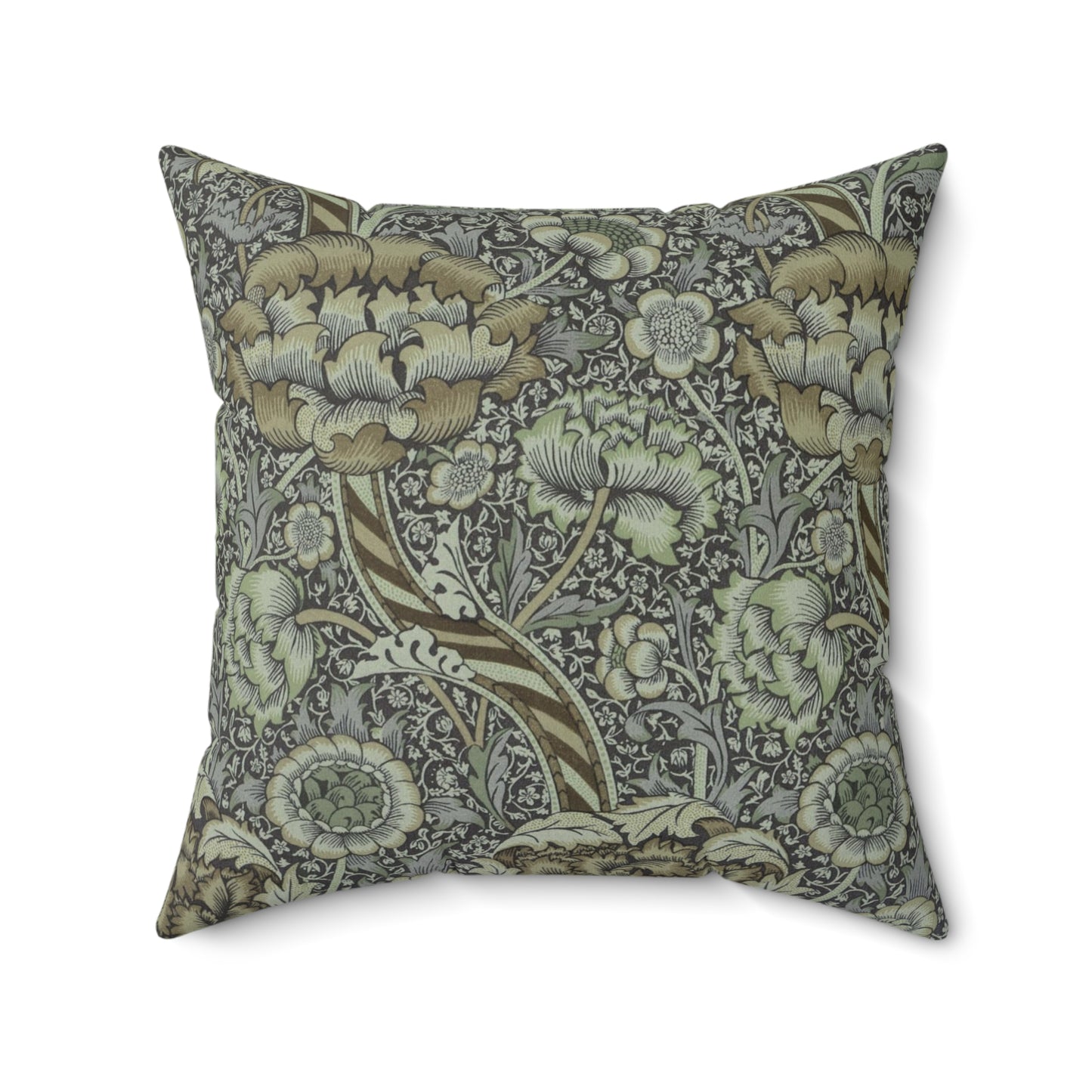 A square-shaped faux suede cushion with a William Morris & Co floral pattern in shades of gray and green called Wandle.