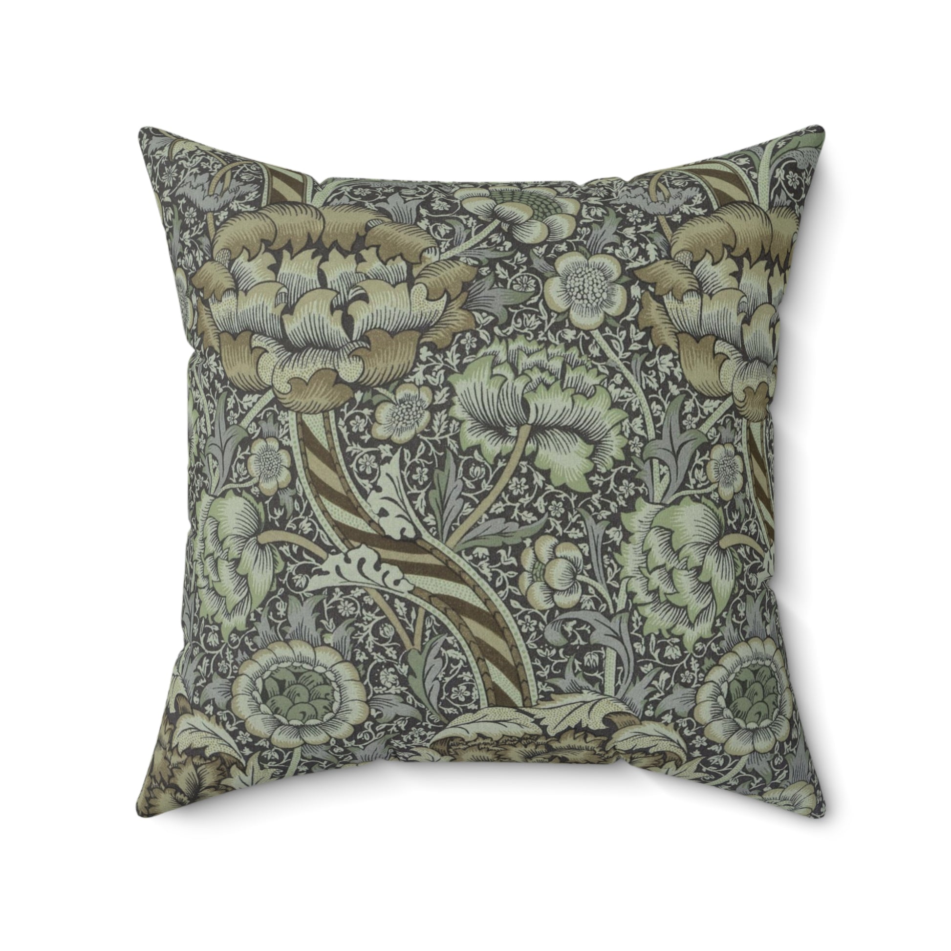 A square-shaped faux suede cushion with a William Morris & Co floral pattern in shades of gray and green called Wandle.