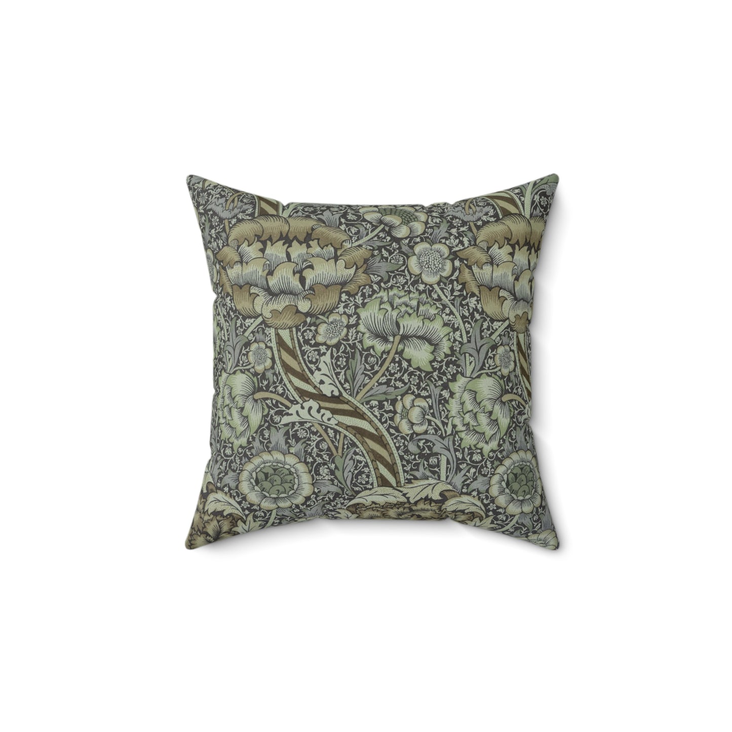 A square-shaped faux suede cushion with a William Morris & Co floral pattern in shades of gray and green called Wandle.