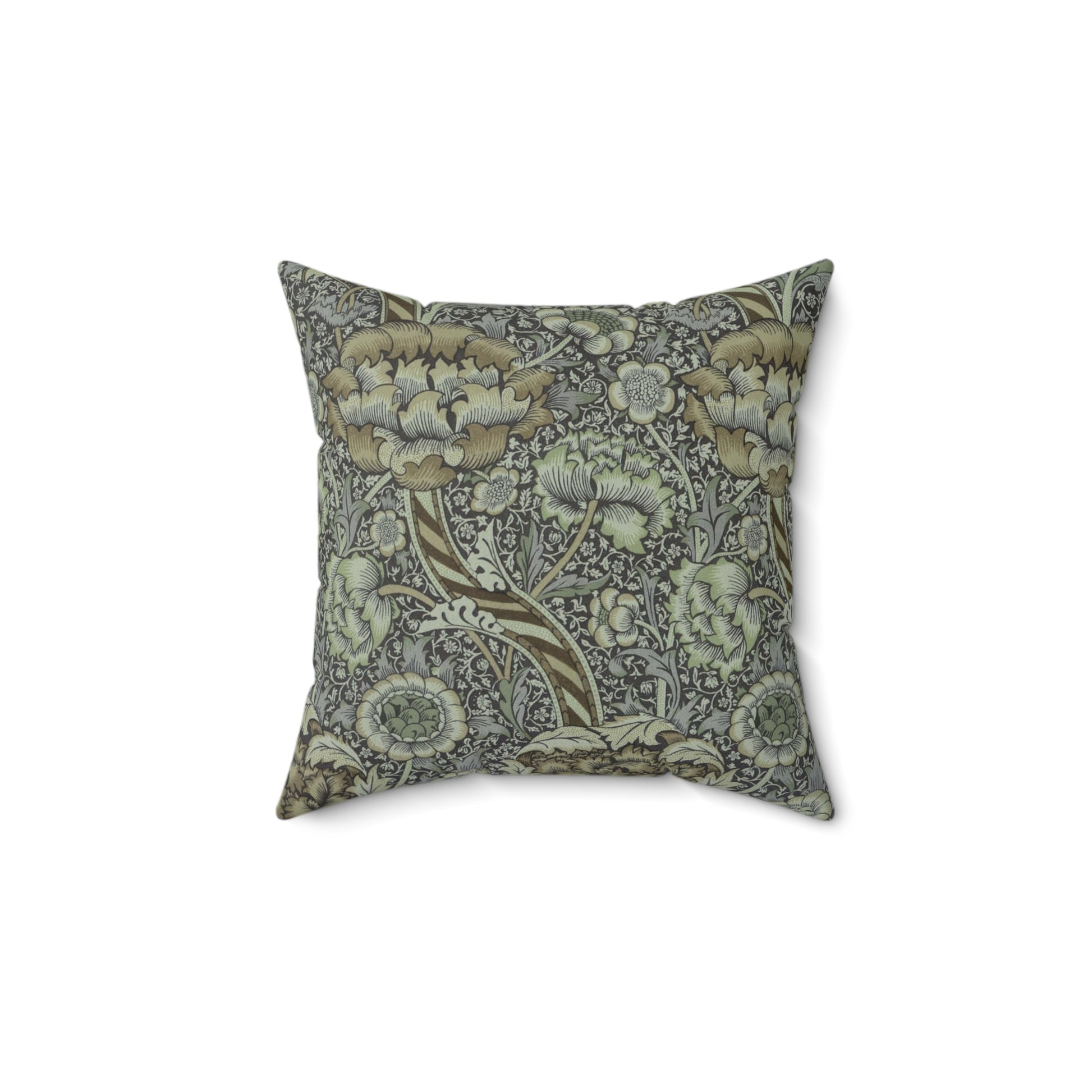 A square-shaped faux suede cushion with a William Morris & Co floral pattern in shades of gray and green called Wandle.