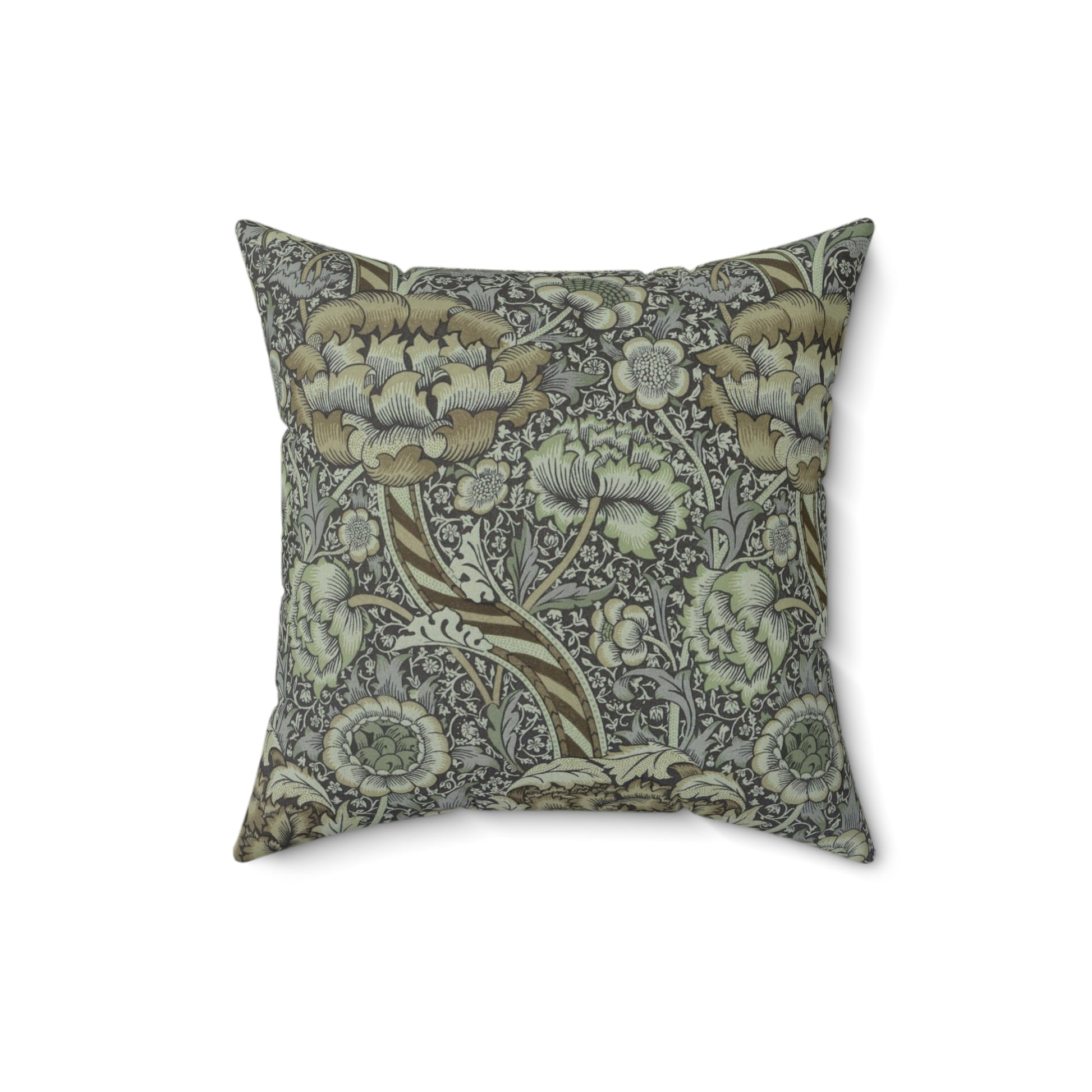 A square-shaped faux suede cushion with a William Morris & Co floral pattern in shades of gray and green called Wandle.