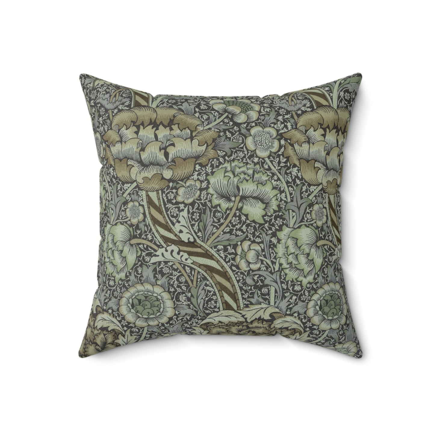 A square-shaped faux suede cushion with a William Morris & Co floral pattern in shades of gray and green called Wandle.