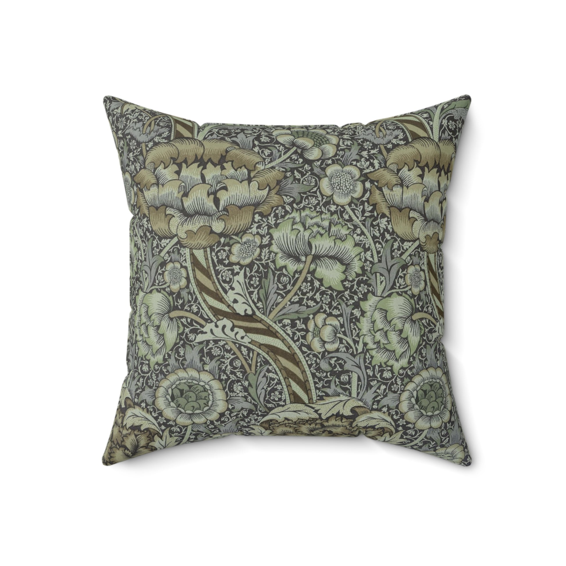 A square-shaped faux suede cushion with a William Morris & Co floral pattern in shades of gray and green called Wandle.