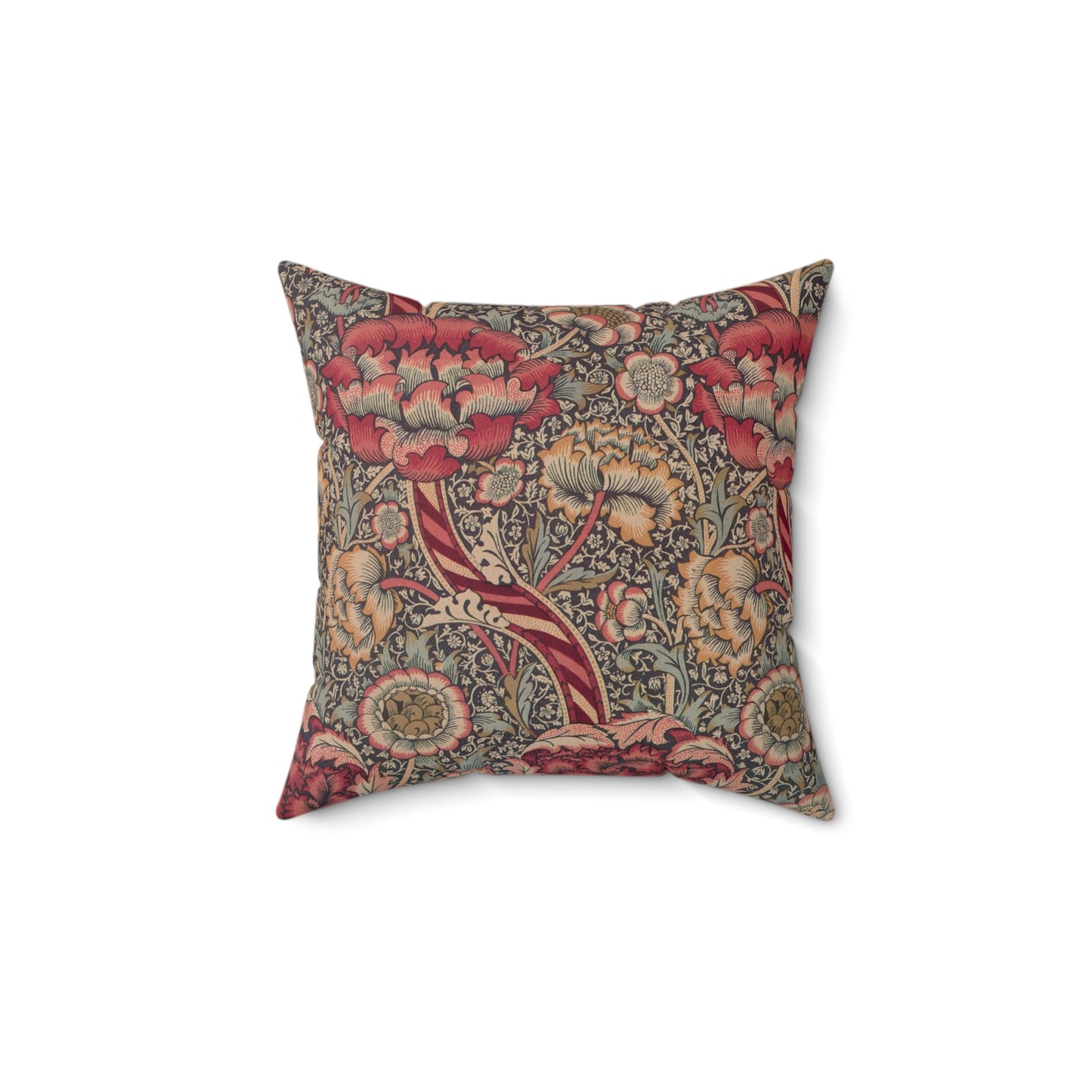 A square-shaped cushion with a floral William Morris & Co pattern called Wandle in red, beige, and darker shades of red on a darker background.
