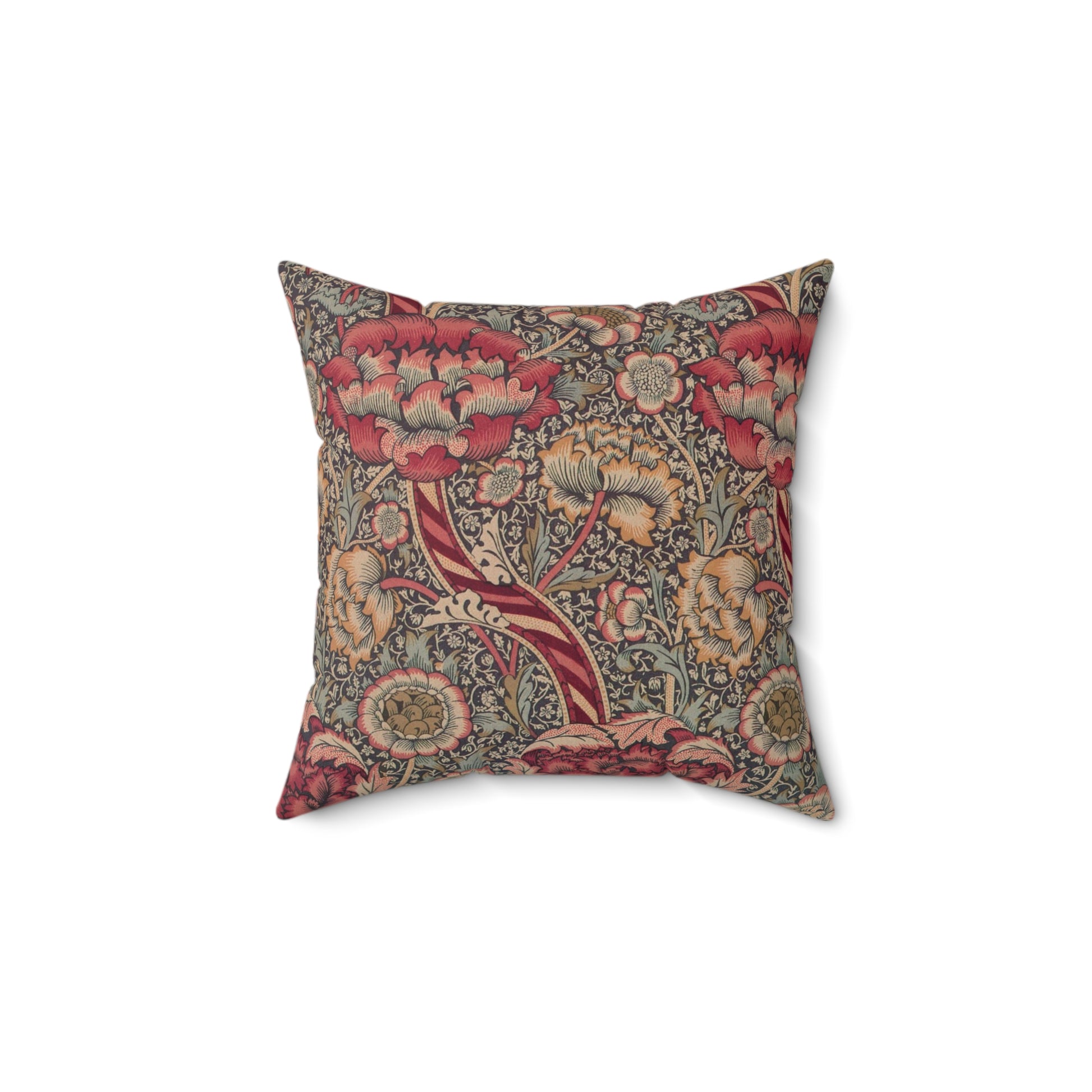 A square-shaped cushion with a floral William Morris & Co pattern called Wandle in red, beige, and darker shades of red on a darker background.