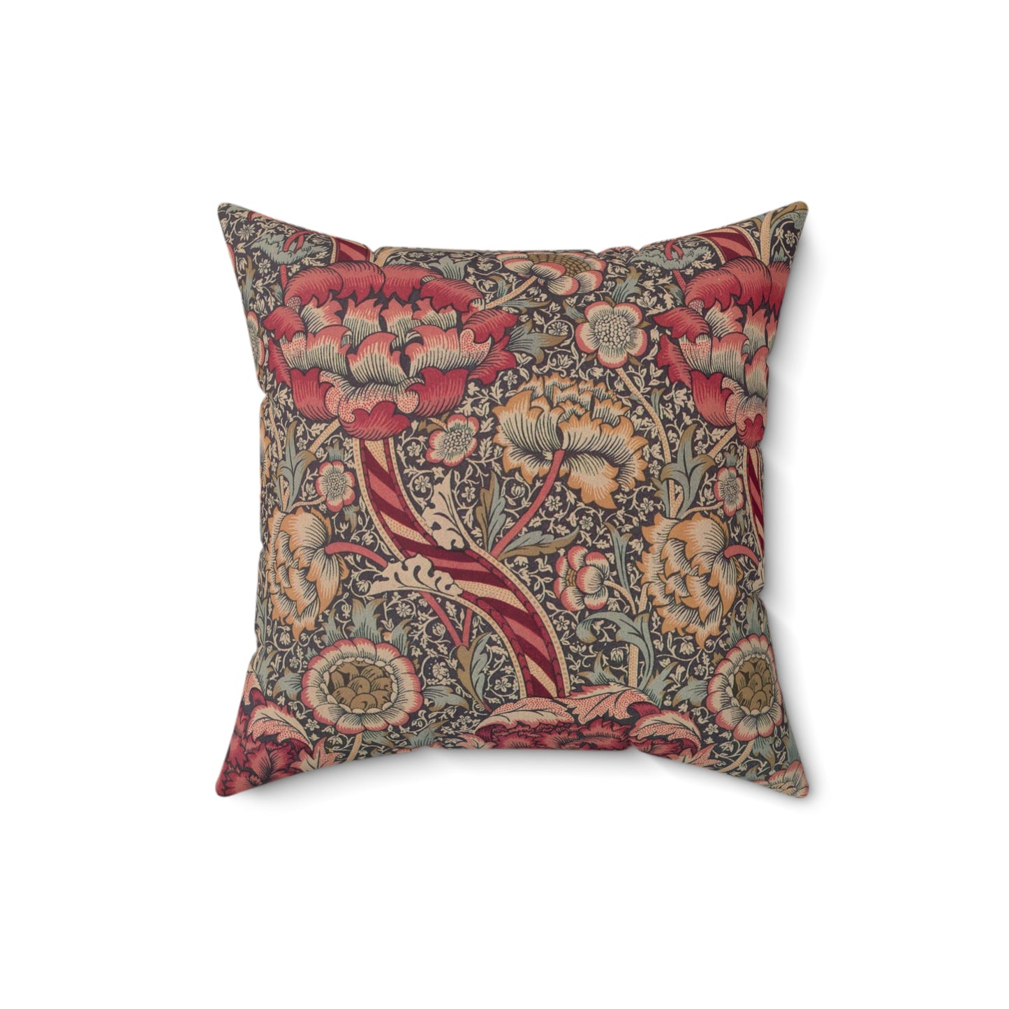 A square-shaped cushion with a floral William Morris & Co pattern called Wandle in red, beige, and darker shades of red on a darker background.