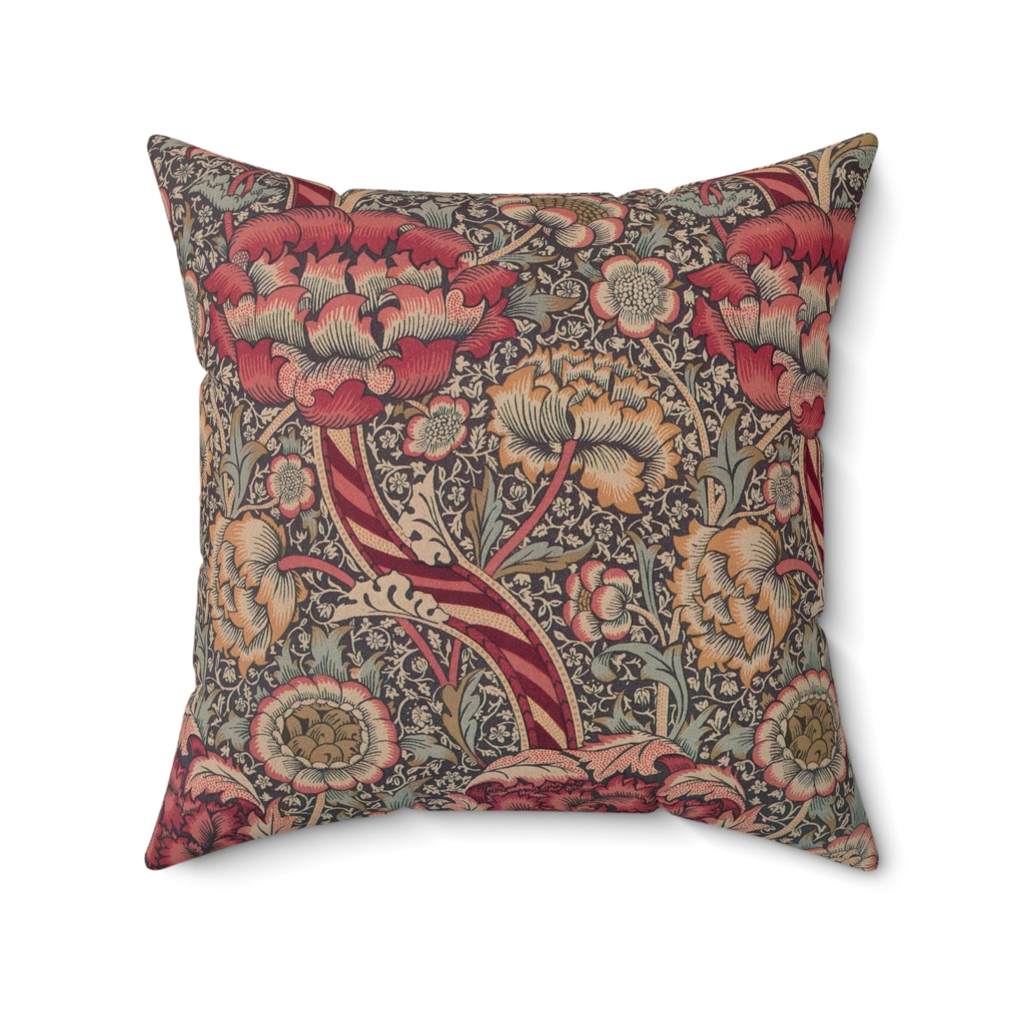 A square-shaped cushion with a floral William Morris & Co pattern called Wandle in red, beige, and darker shades of red on a darker background.
