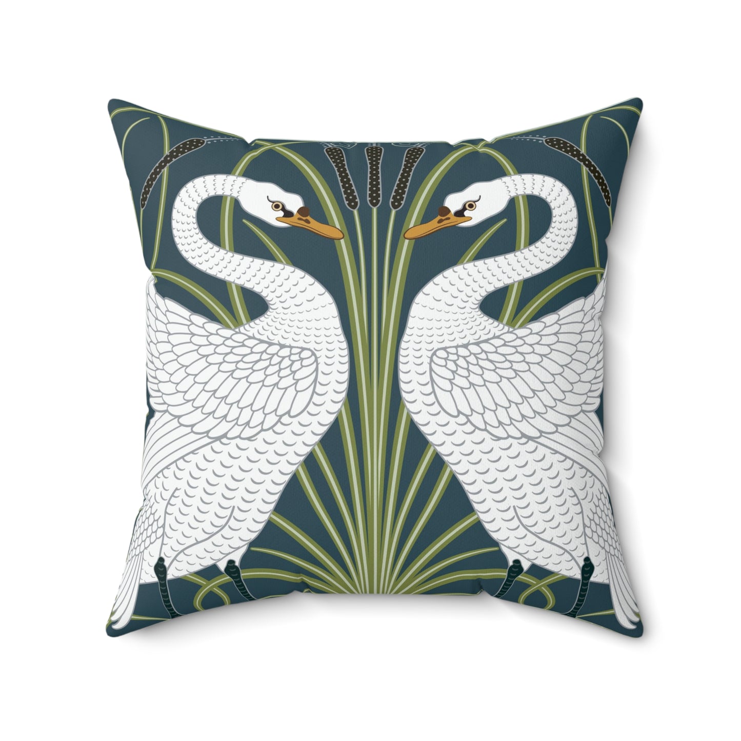 A square-shaped throw pillow with a William Morris & Co design of white swans on a green and blue patterned background.