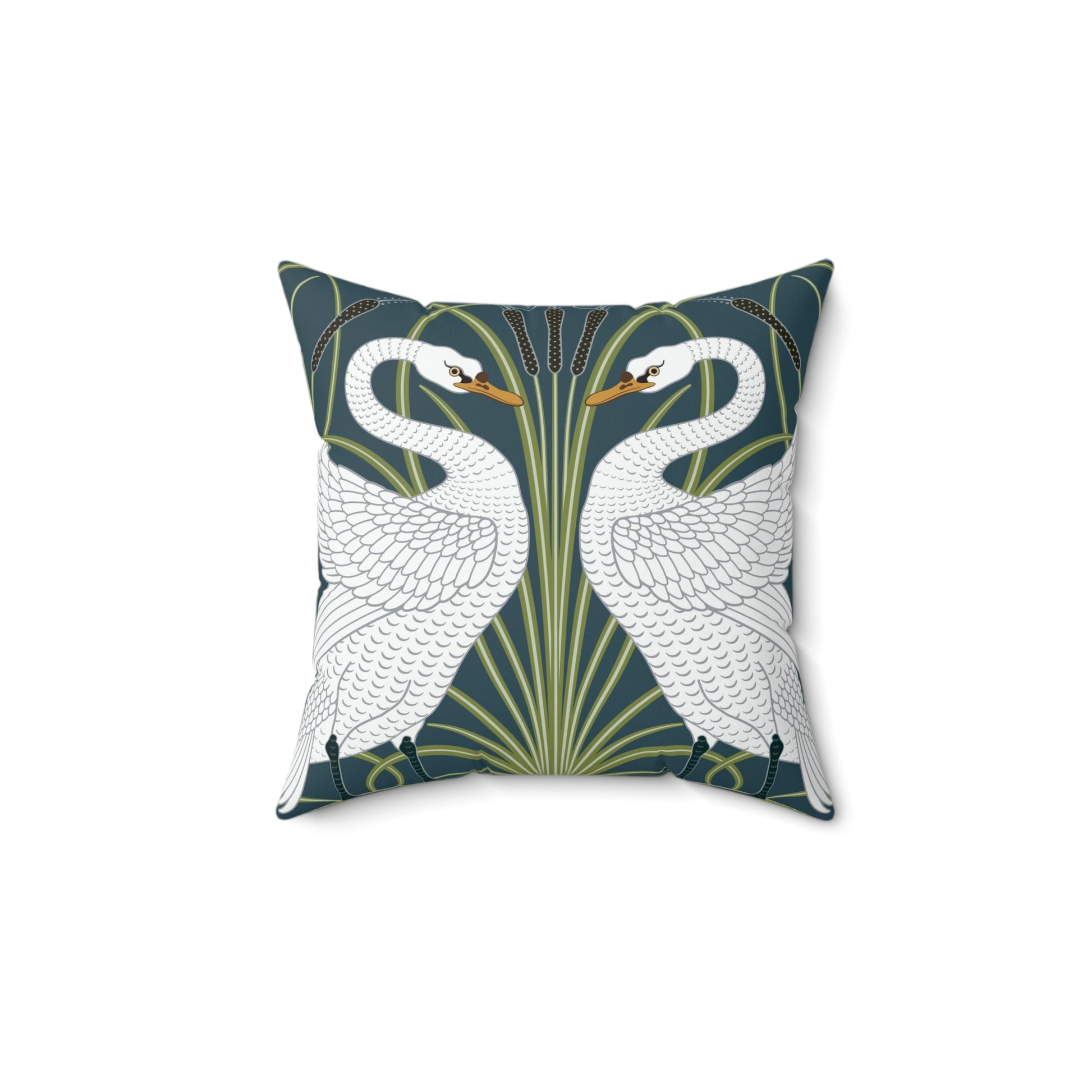 A square-shaped throw pillow with a William Morris & Co design of white swans on a green and blue patterned background.