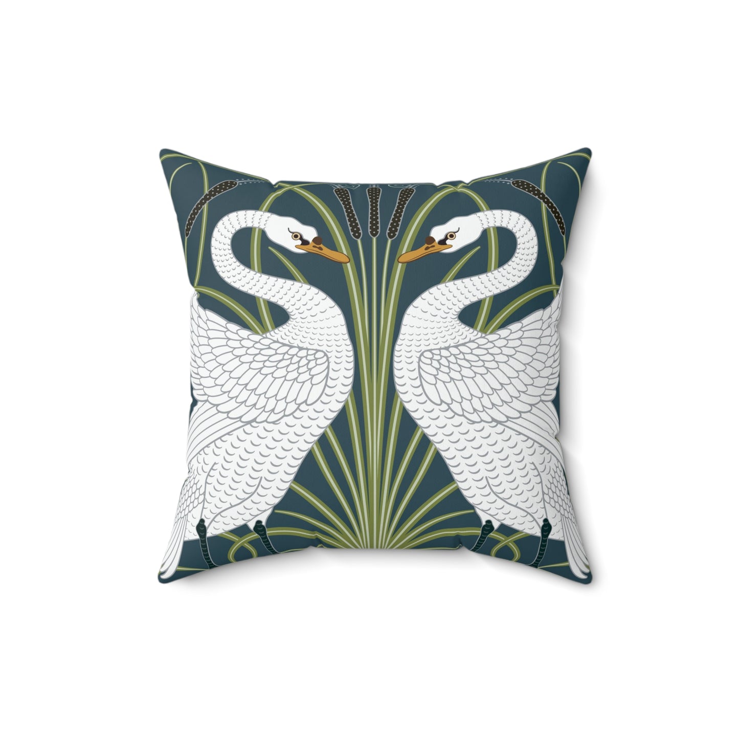 A square-shaped throw pillow with a William Morris & Co design of white swans on a green and blue patterned background.