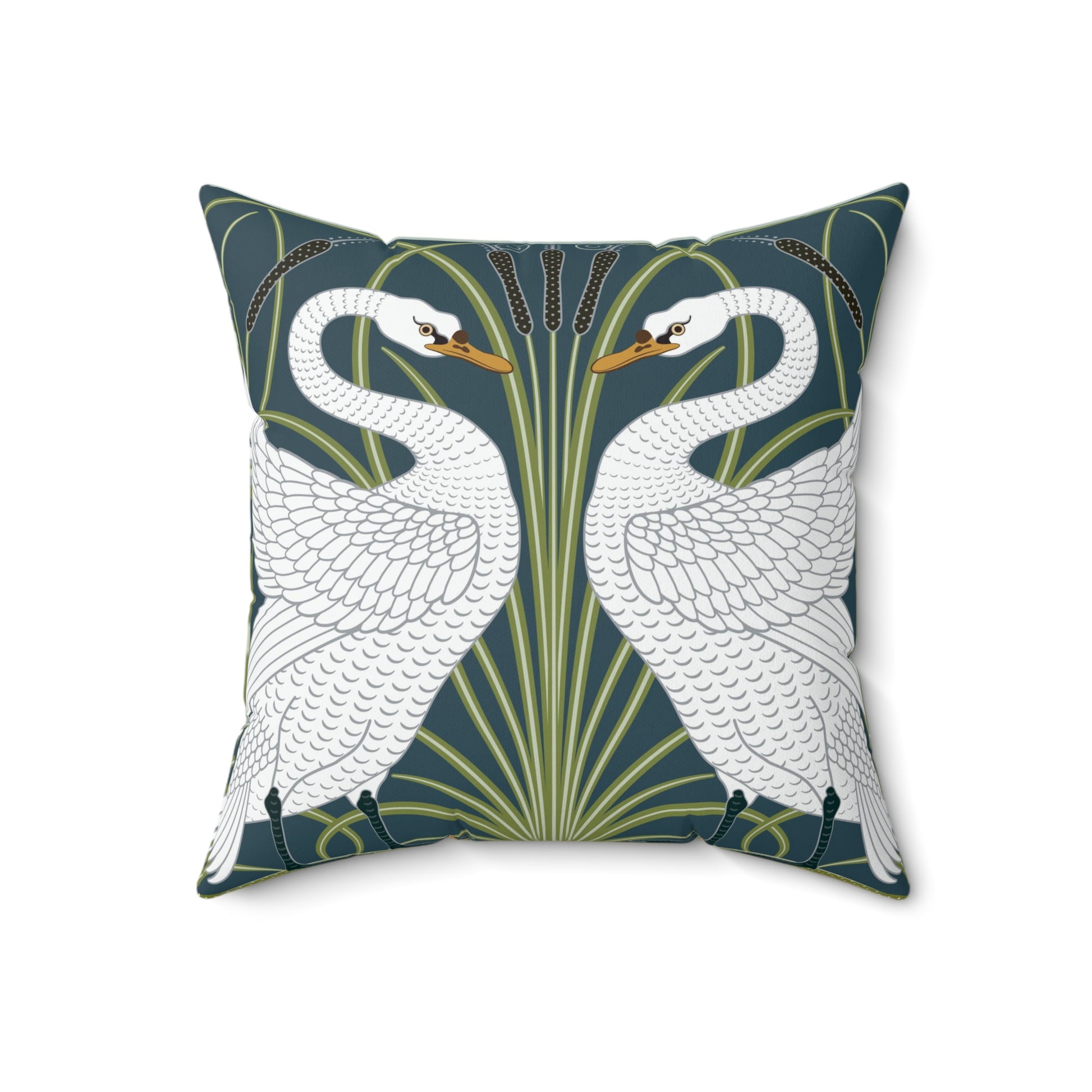 A square-shaped throw pillow with a William Morris & Co design of white swans on a green and blue patterned background.