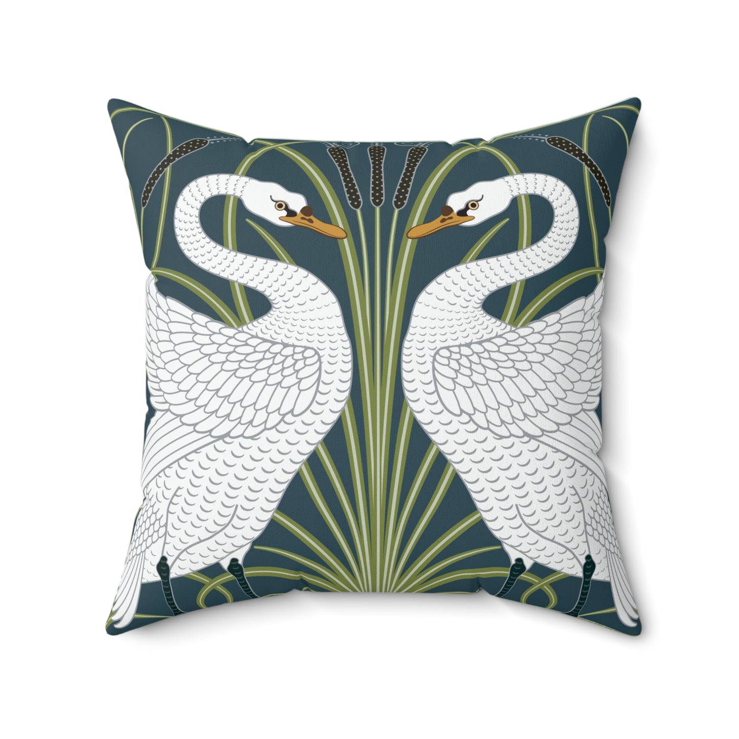 A square-shaped throw pillow with a William Morris & Co design of white swans on a green and blue patterned background.