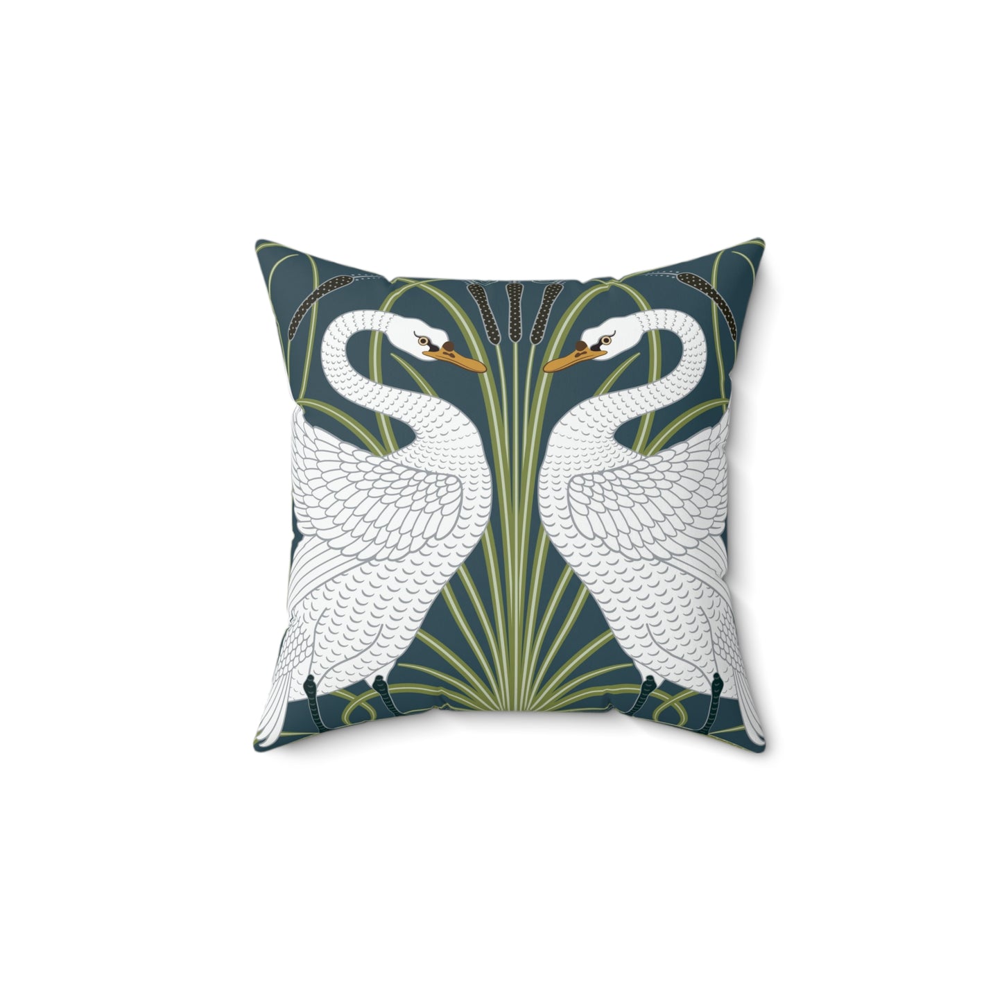 A square-shaped throw pillow with a William Morris & Co design of white swans on a green and blue patterned background.