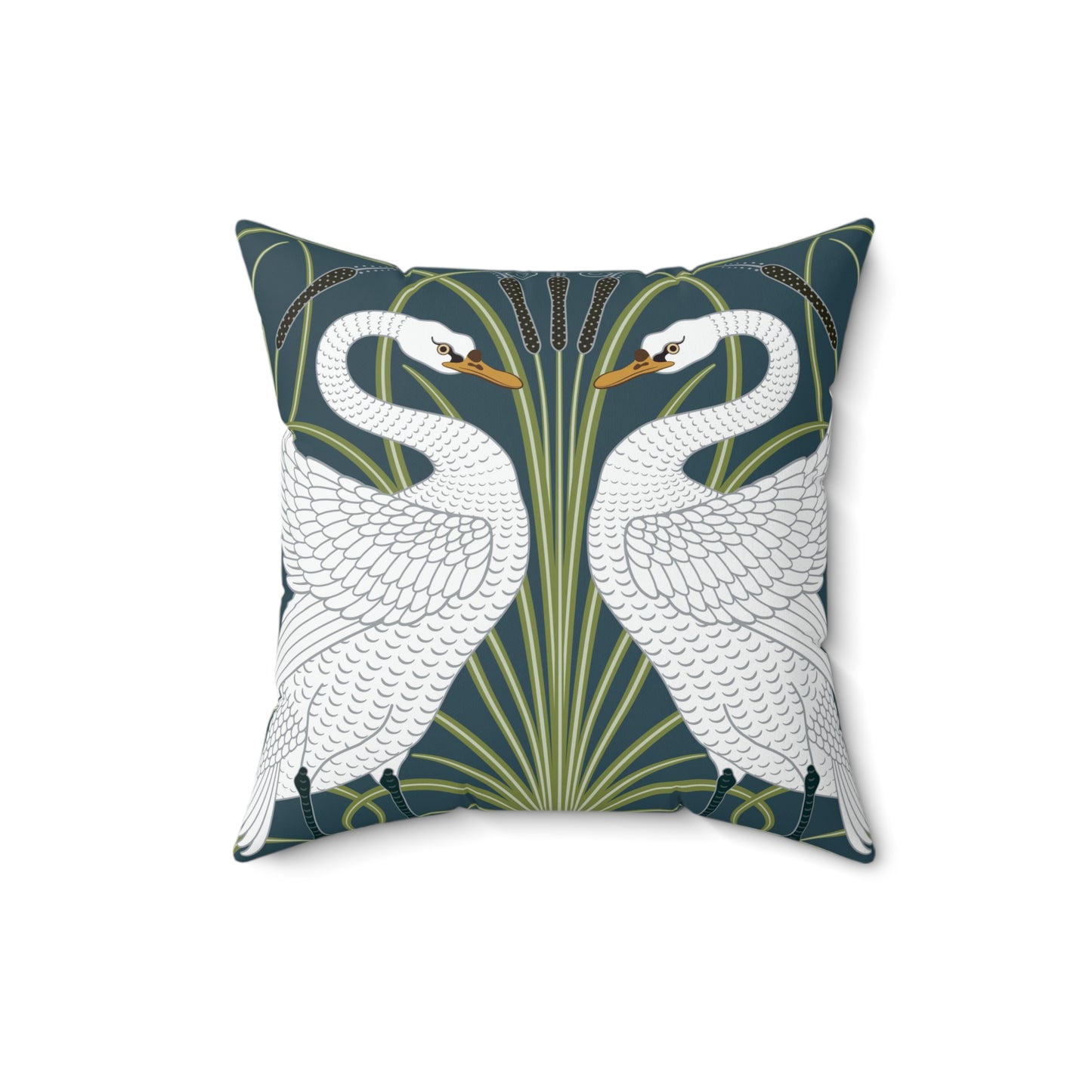 A square-shaped throw pillow with a William Morris & Co design of white swans on a green and blue patterned background.