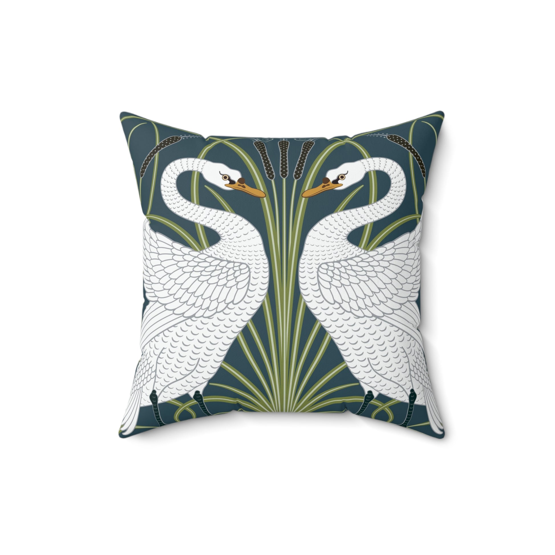 A square-shaped throw pillow with a William Morris & Co design of white swans on a green and blue patterned background.