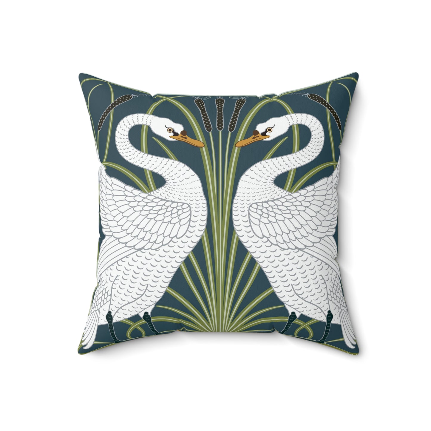 A square-shaped throw pillow with a William Morris & Co design of white swans on a green and blue patterned background.