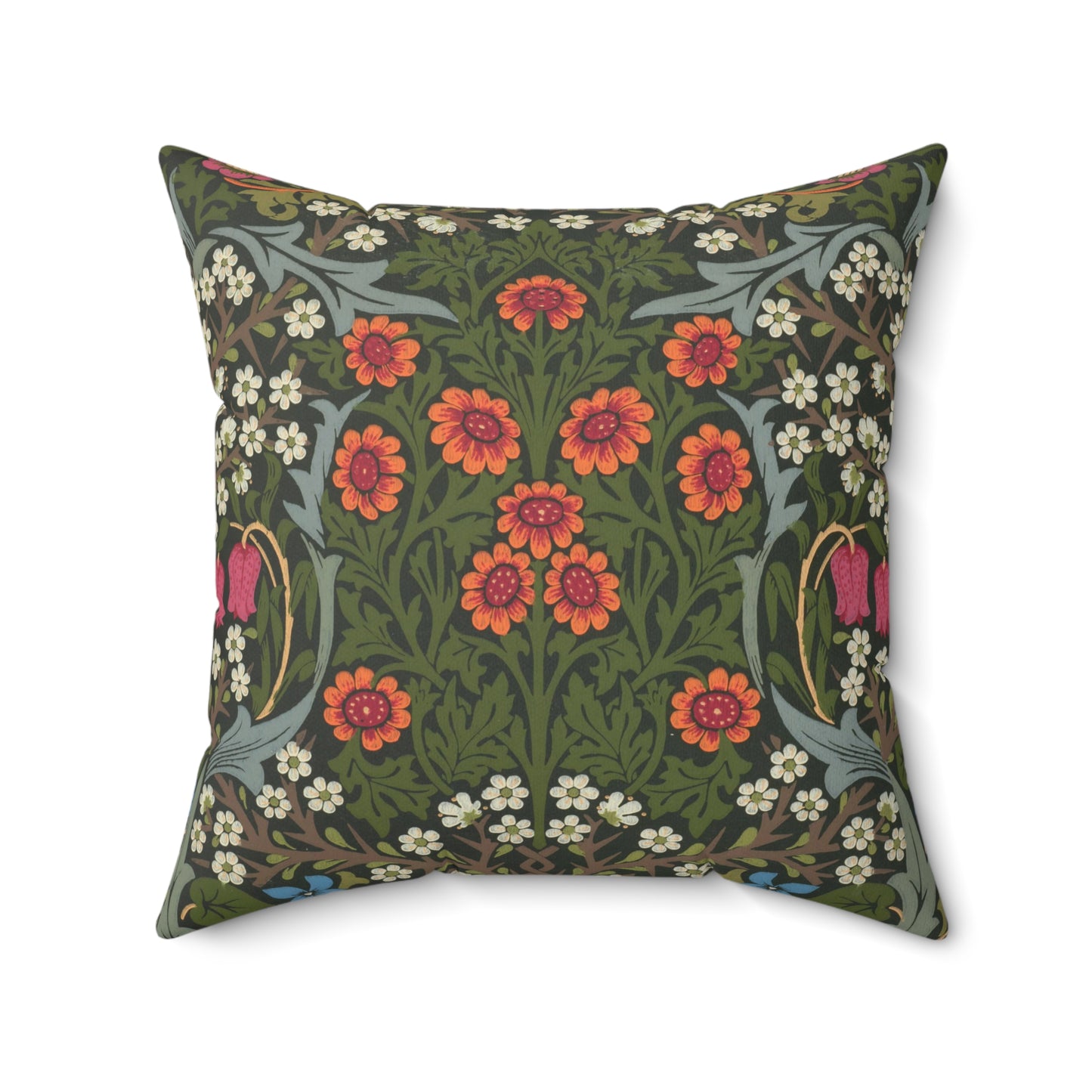 A square-shaped faux suede cushion with a floral pattern inspired by William Morris, featuring a green background with red and white flowers.