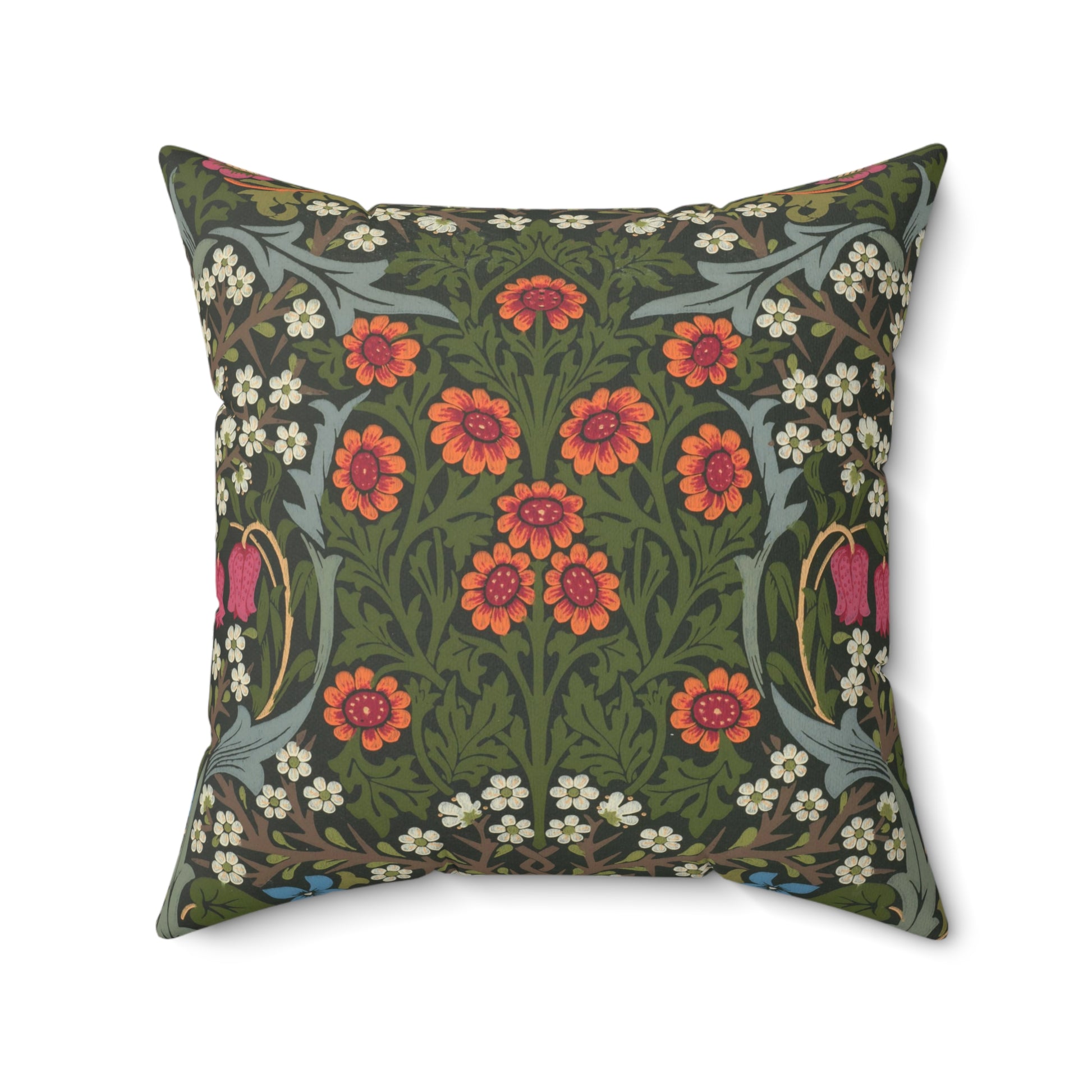 A square-shaped faux suede cushion with a floral pattern inspired by William Morris, featuring a green background with red and white flowers.