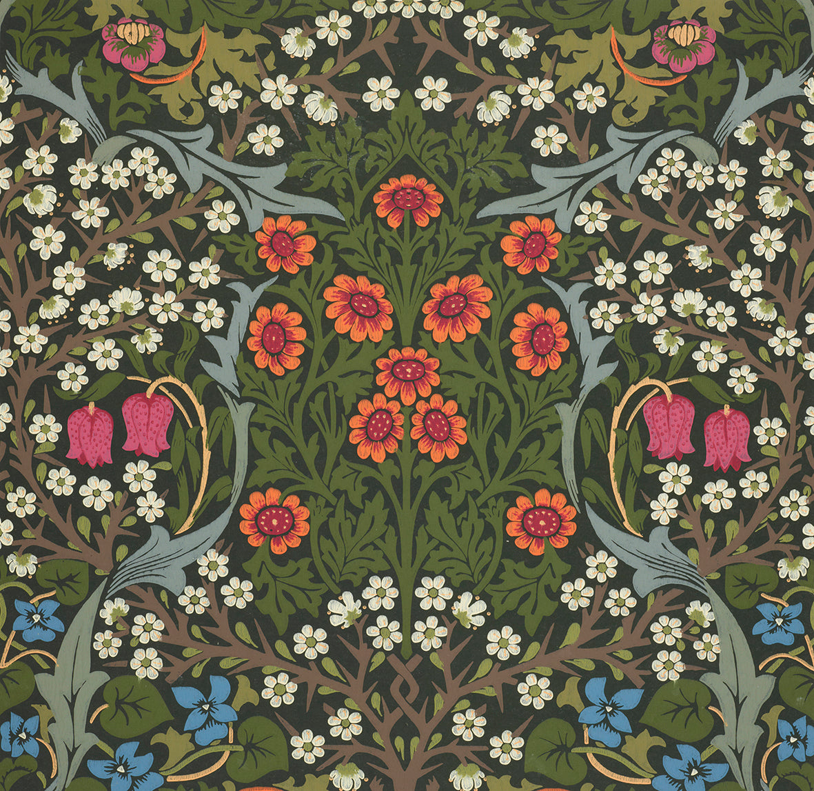 A square-shaped faux suede cushion with a floral pattern inspired by William Morris, featuring a green background with red and white flowers.