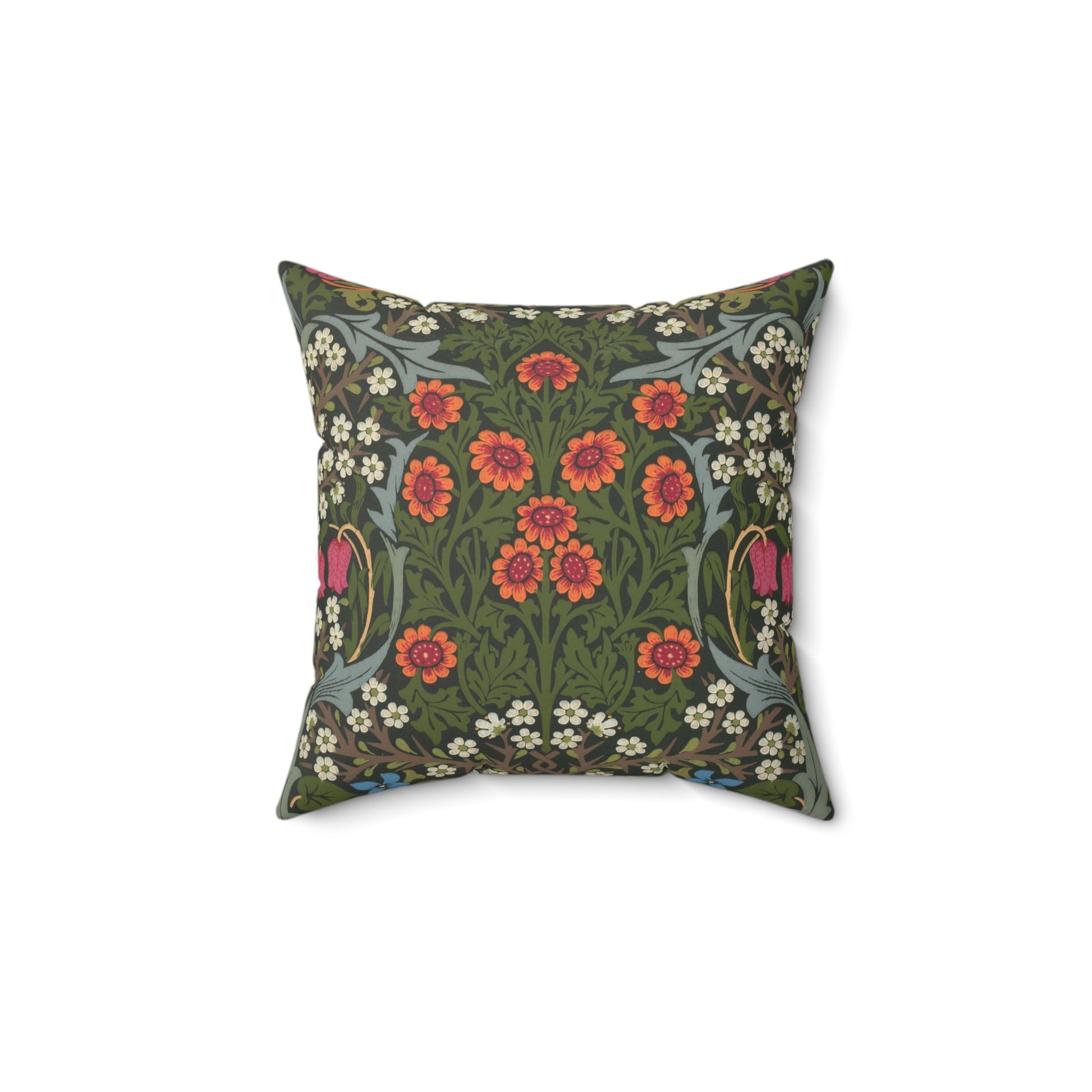 A square-shaped faux suede cushion with a floral pattern inspired by William Morris, featuring a green background with red and white flowers.