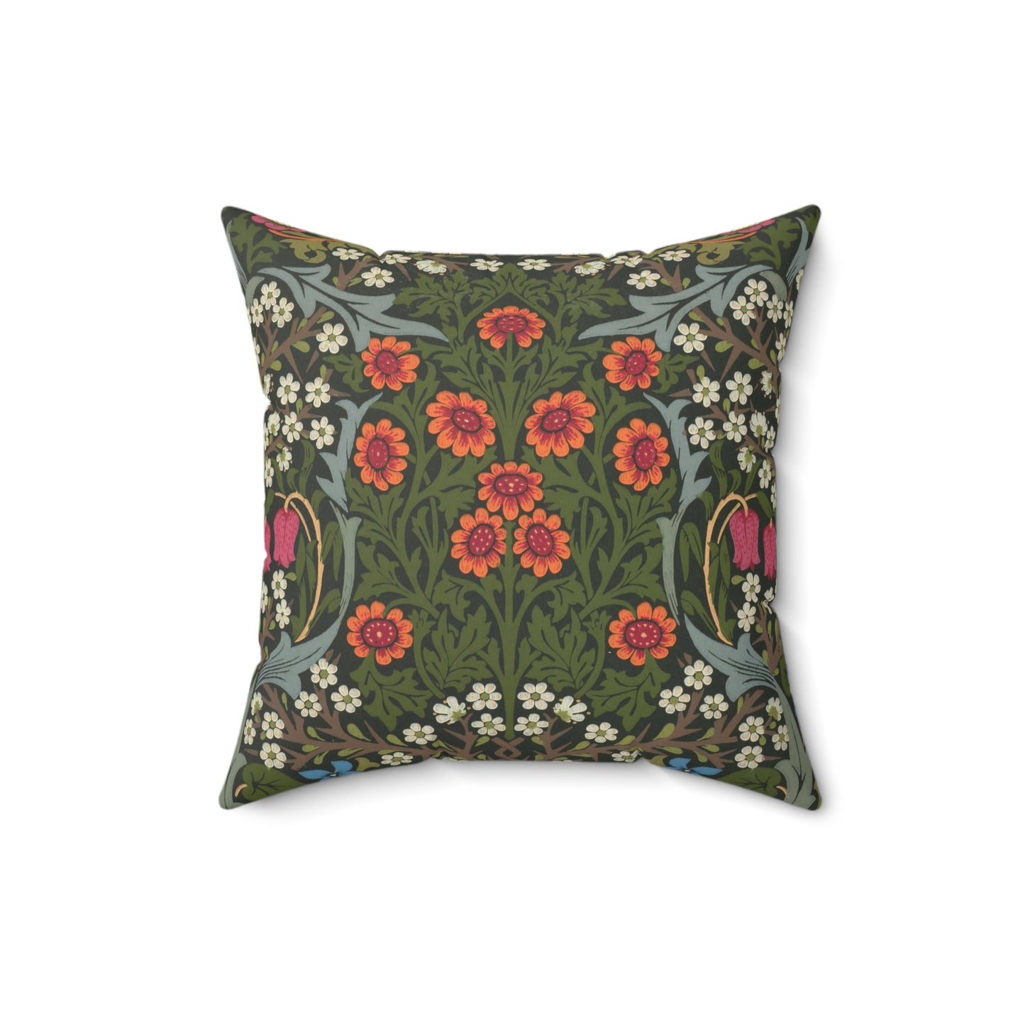 A square-shaped faux suede cushion with a floral pattern inspired by William Morris, featuring a green background with red and white flowers.