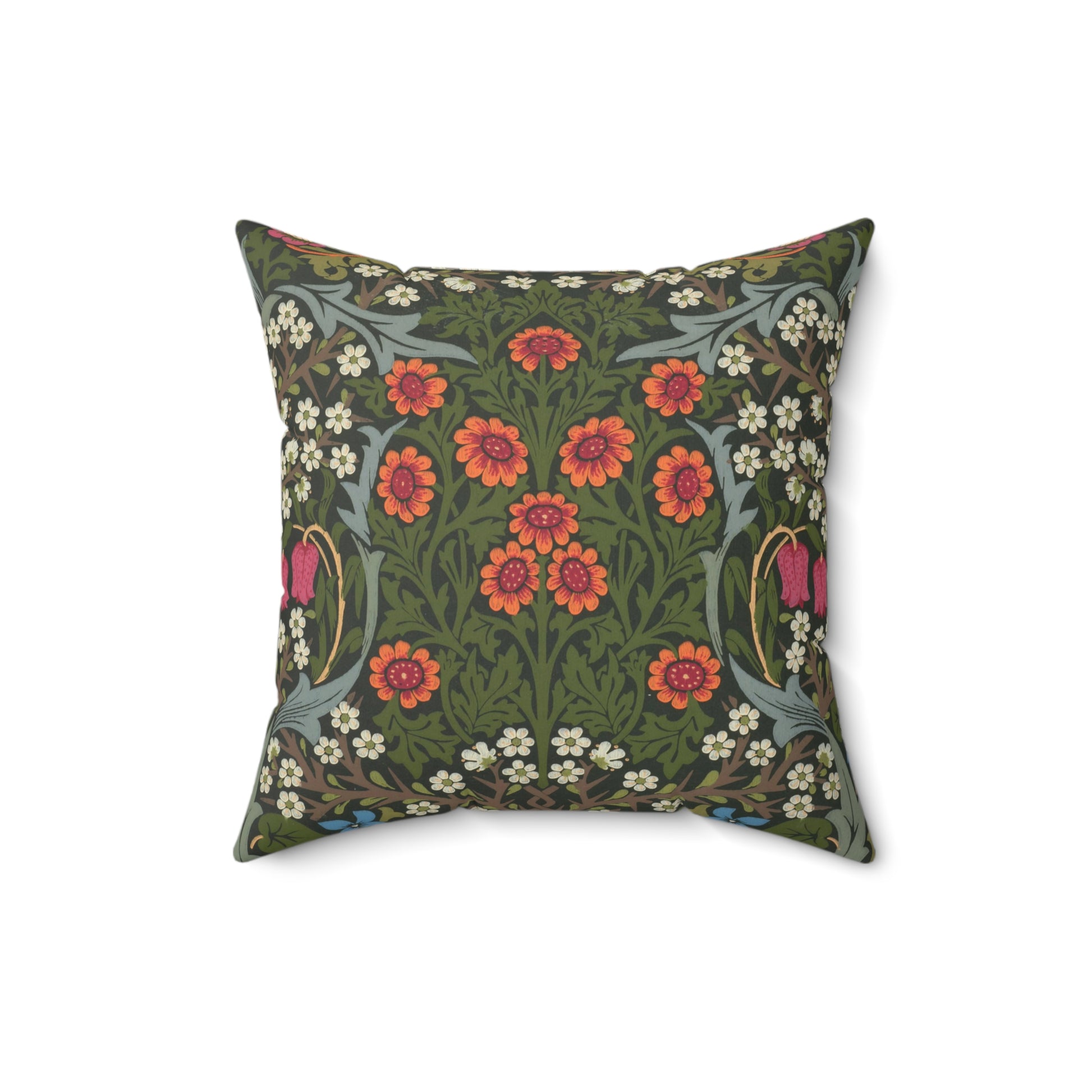 A square-shaped faux suede cushion with a floral pattern inspired by William Morris, featuring a green background with red and white flowers.
