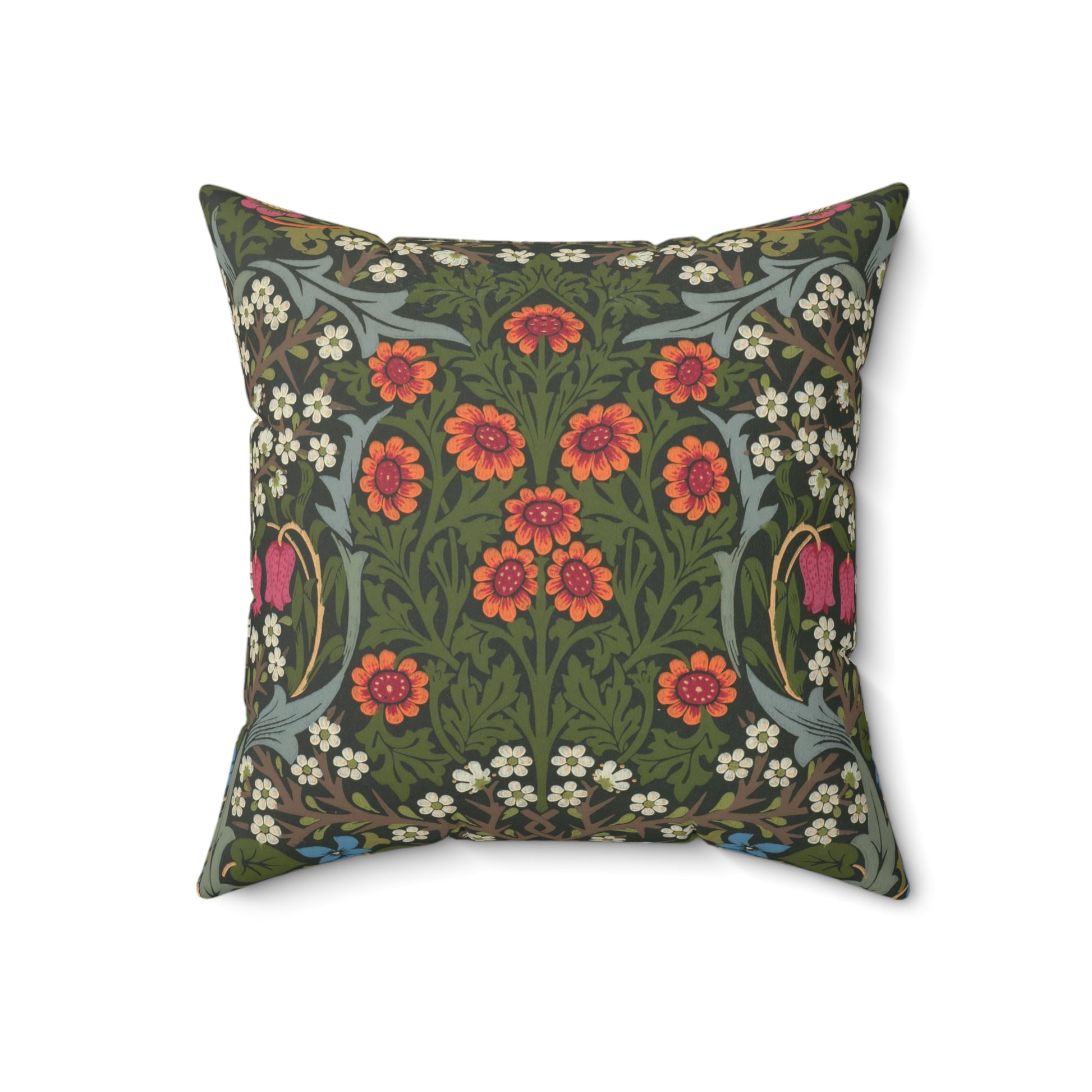 A square-shaped faux suede cushion with a floral pattern inspired by William Morris, featuring a green background with red and white flowers.
