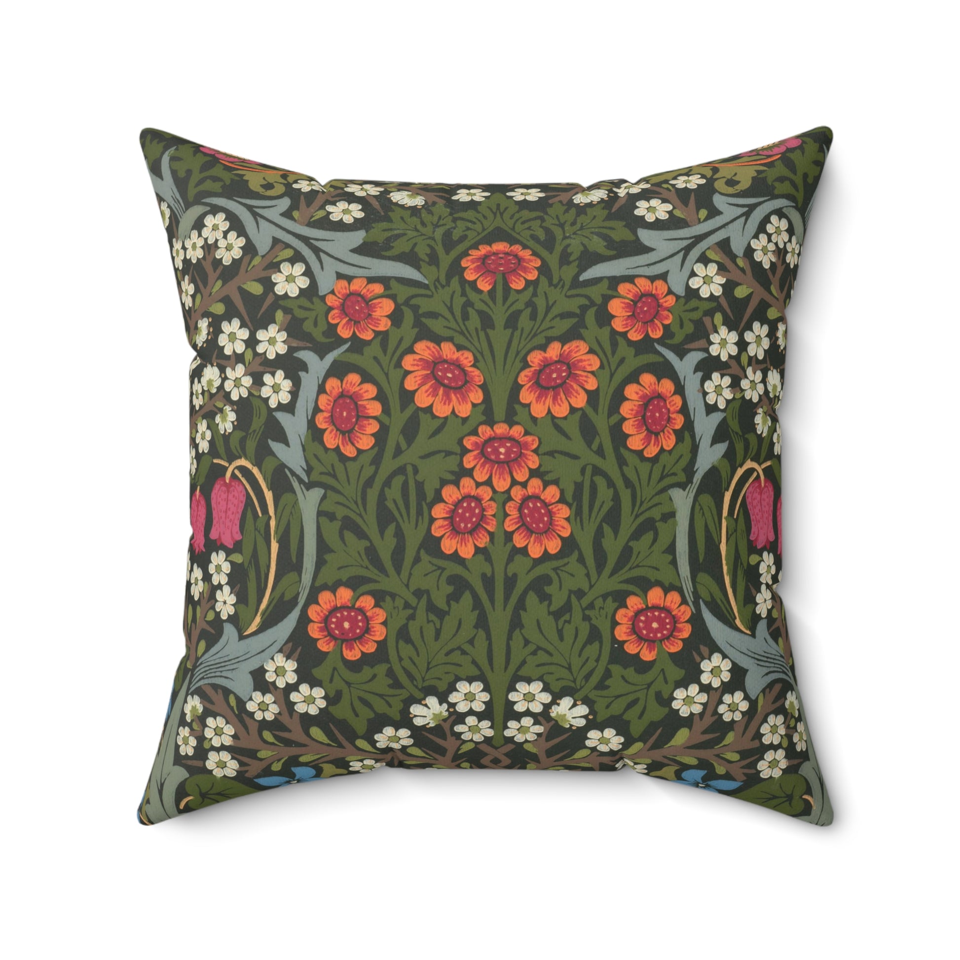 A square-shaped faux suede cushion with a floral pattern inspired by William Morris, featuring a green background with red and white flowers.
