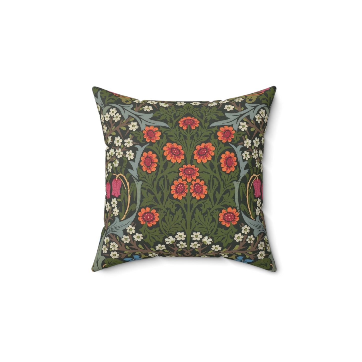 A square-shaped faux suede cushion with a floral pattern inspired by William Morris, featuring a green background with red and white flowers.