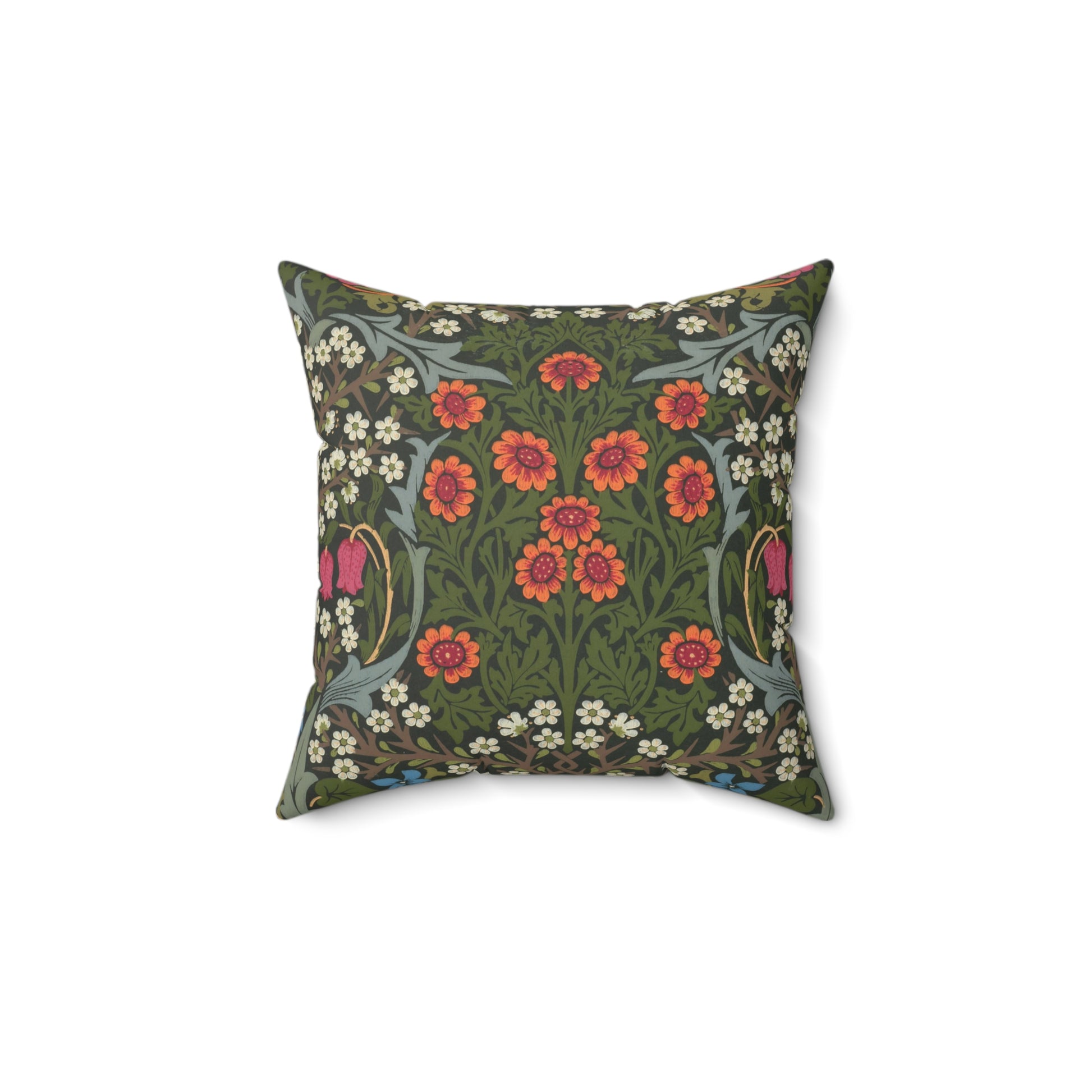 A square-shaped faux suede cushion with a floral pattern inspired by William Morris, featuring a green background with red and white flowers.