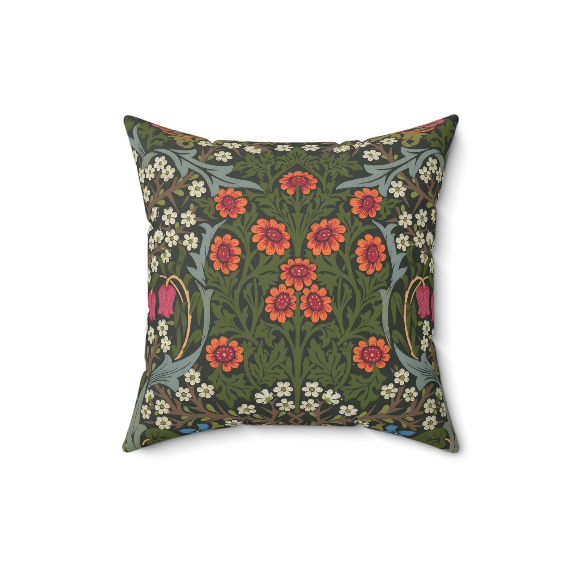 A square-shaped faux suede cushion with a floral pattern inspired by William Morris, featuring a green background with red and white flowers.
