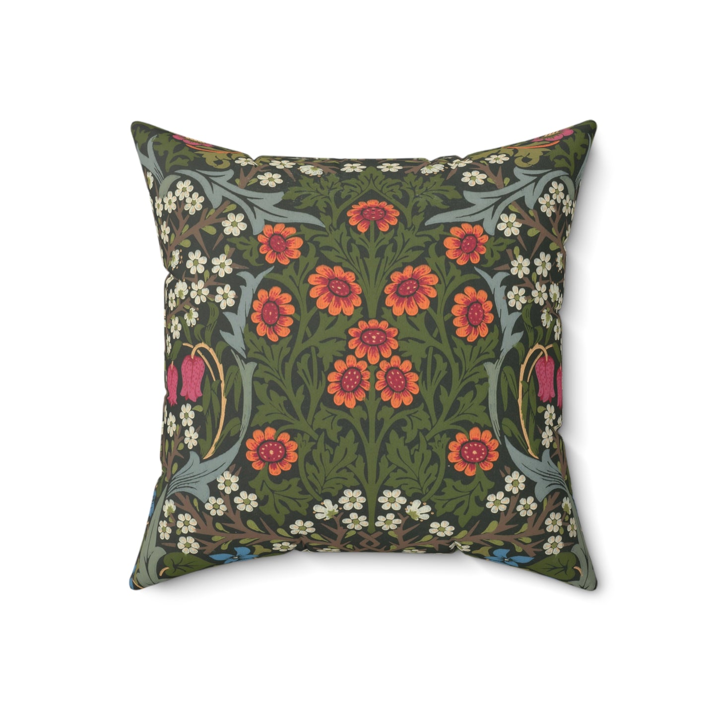 A square-shaped faux suede cushion with a floral pattern inspired by William Morris, featuring a green background with red and white flowers.