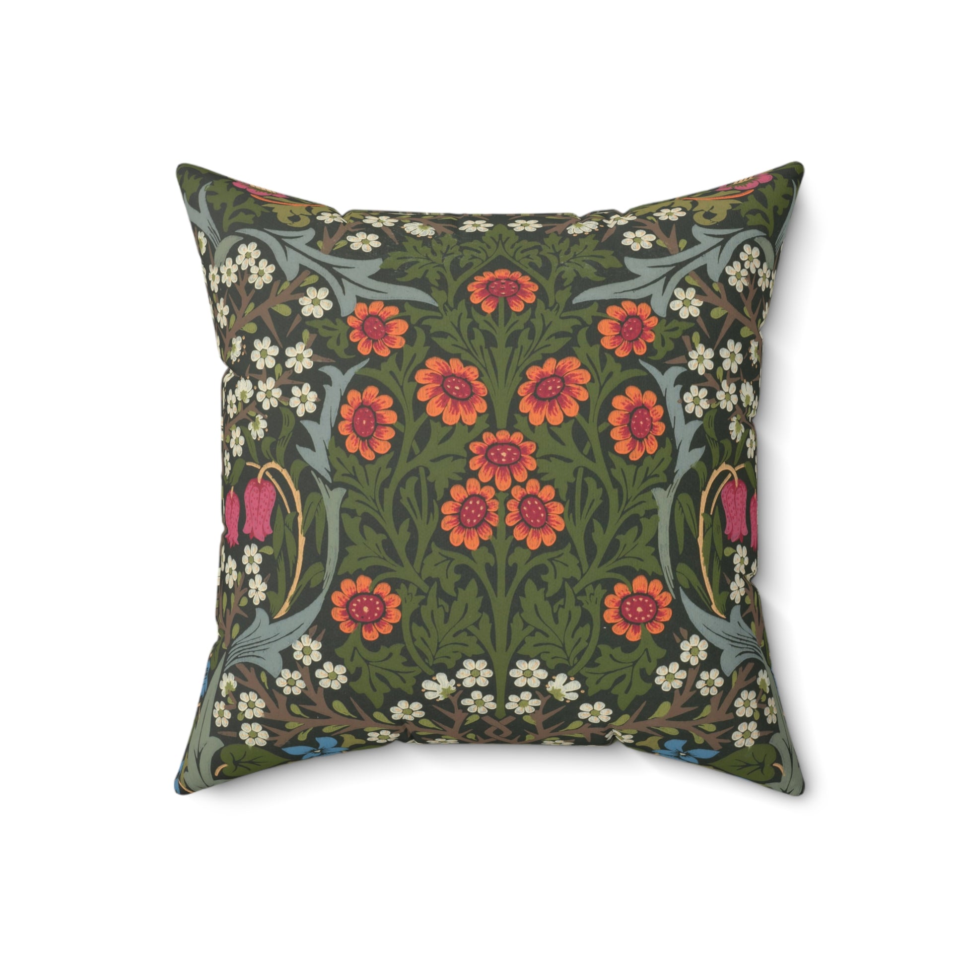 A square-shaped faux suede cushion with a floral pattern inspired by William Morris, featuring a green background with red and white flowers.