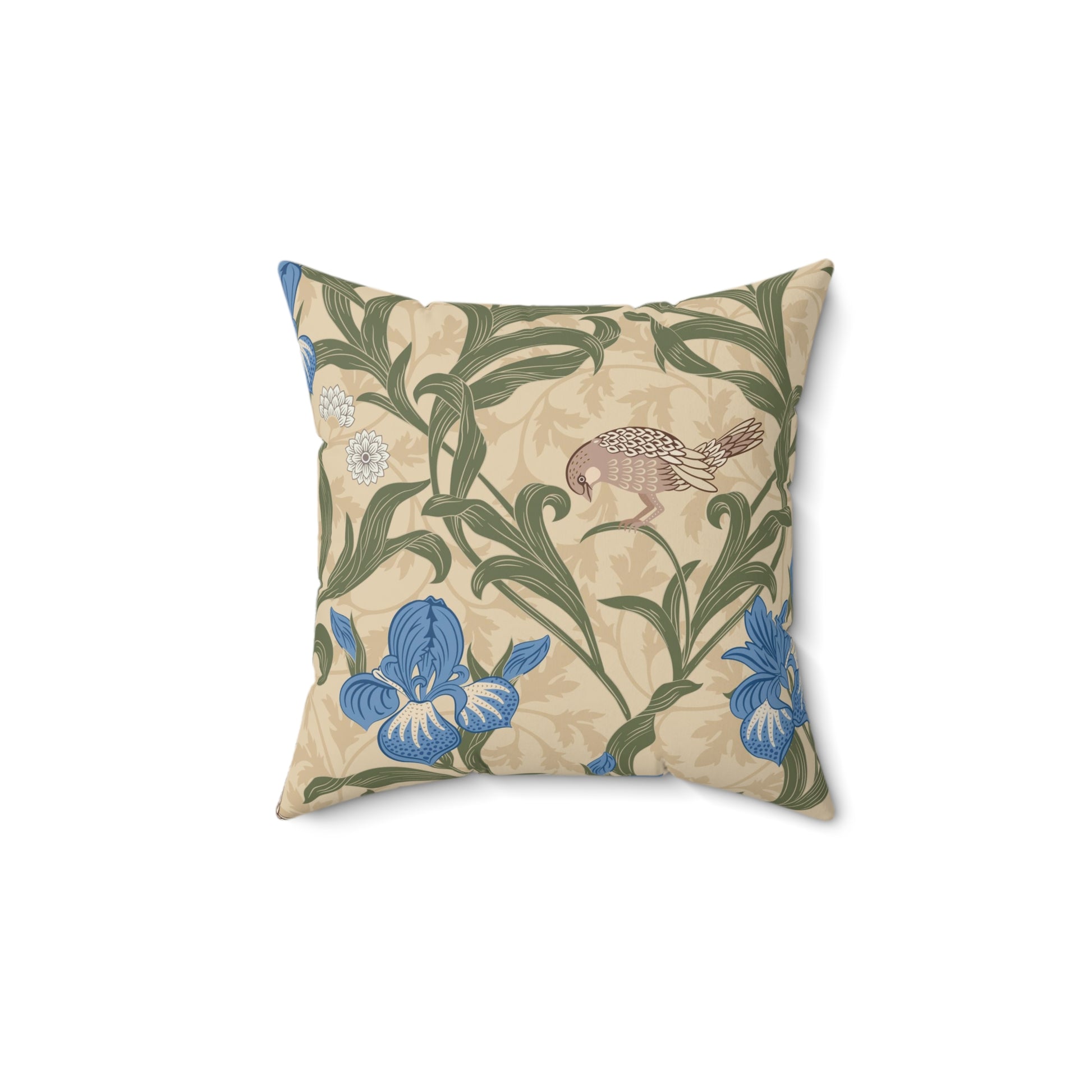 A square-shaped throw pillow with an all-over print featuring a bird, floral William Morris & Co patterns, and blue irises on a beige background.