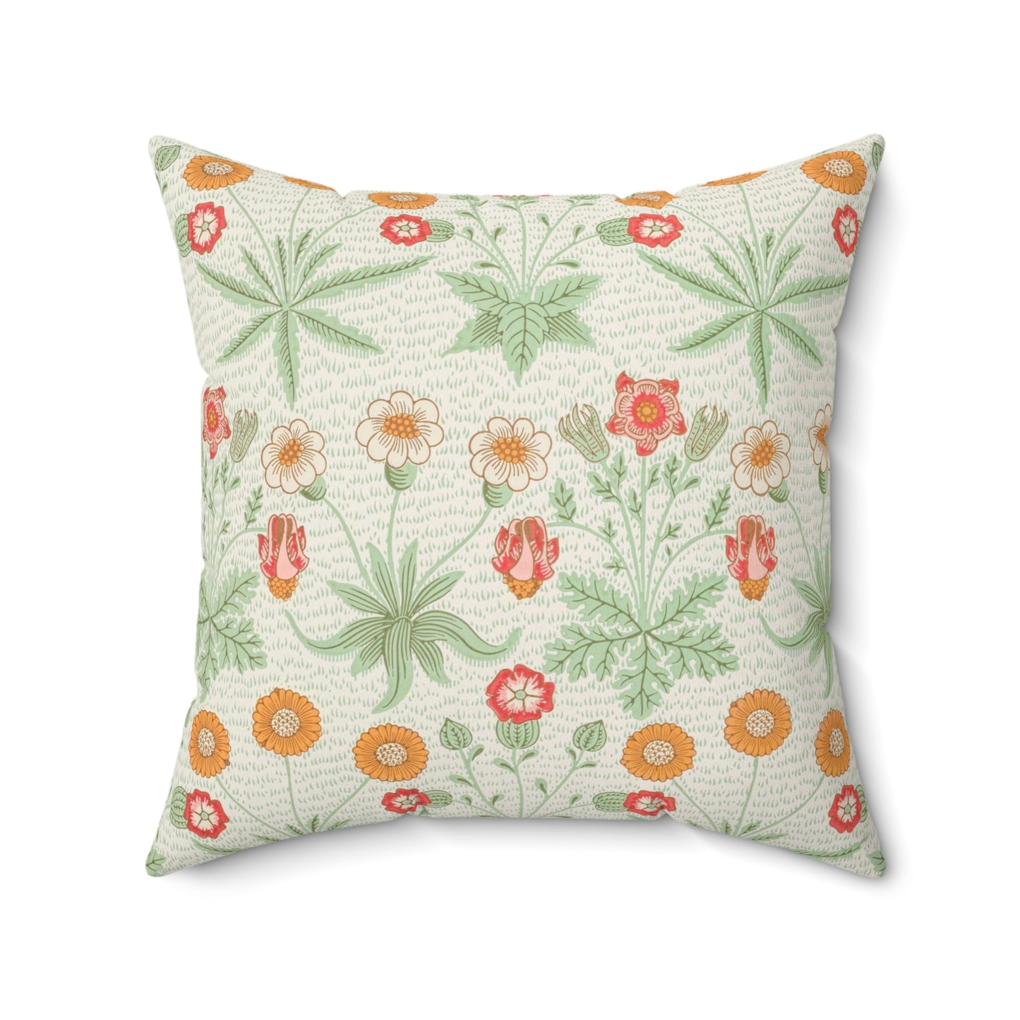 A square faux suede cushion with a floral pattern in shades of green, orange, and pink.