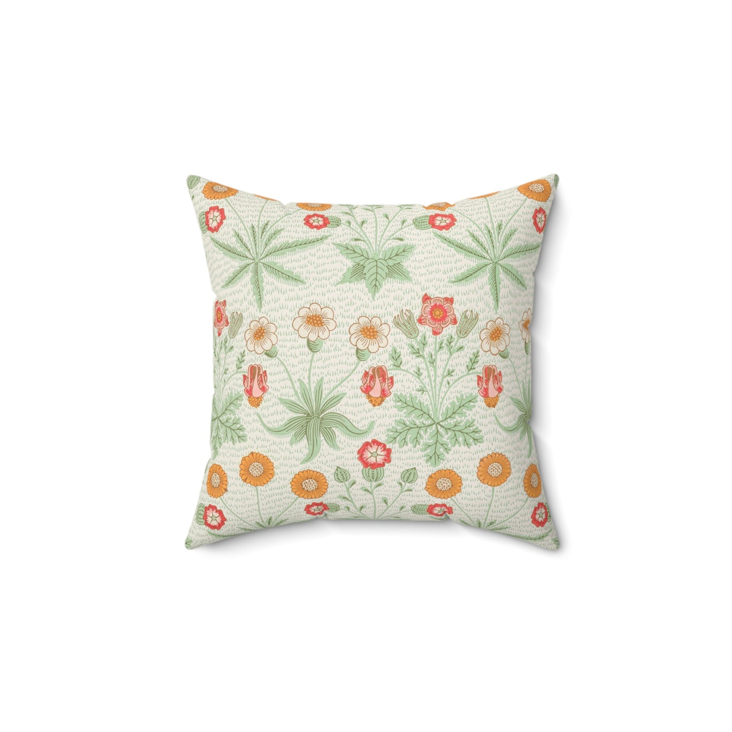 A square faux suede cushion with a floral pattern in shades of green, orange, and pink.