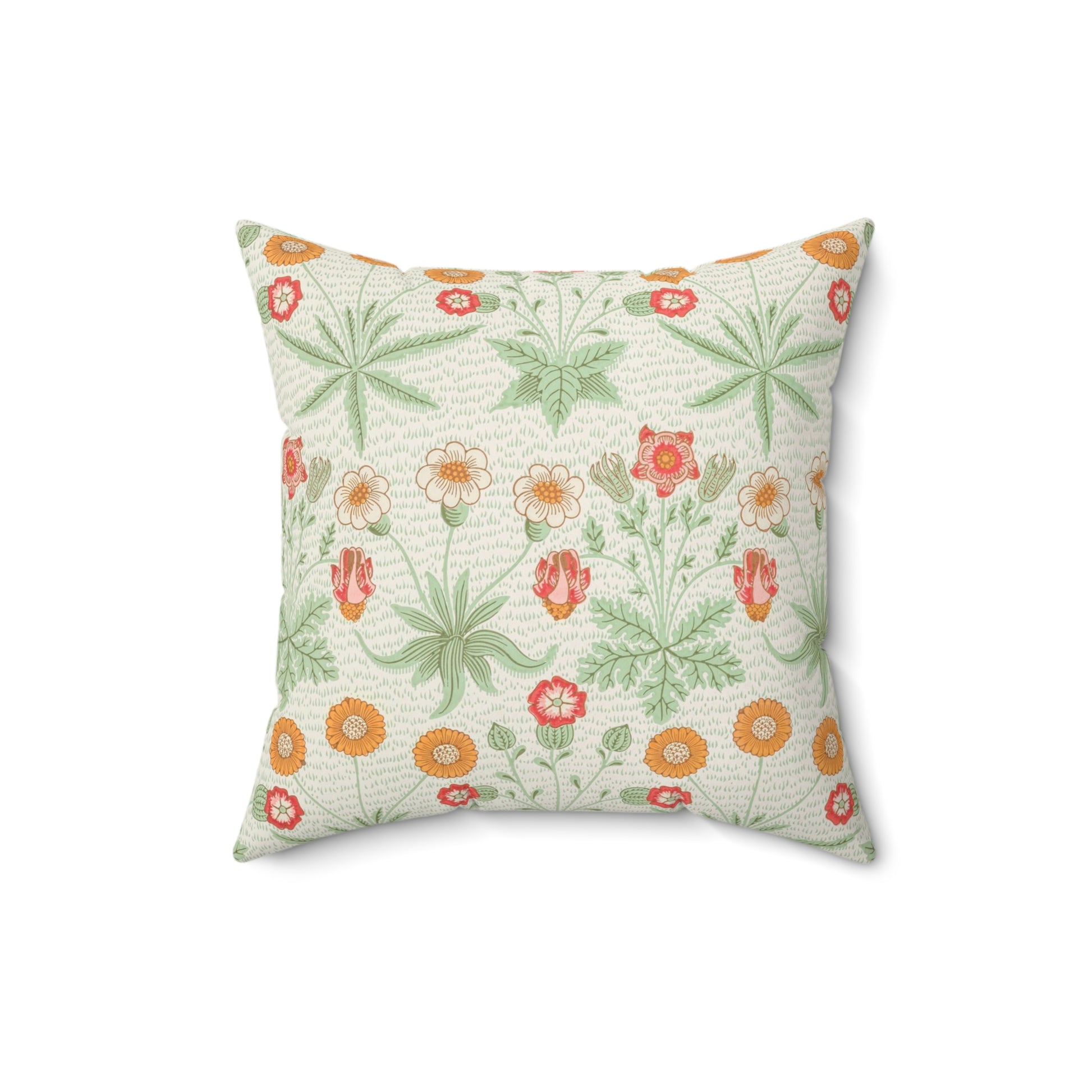 A square faux suede cushion with a floral pattern in shades of green, orange, and pink.