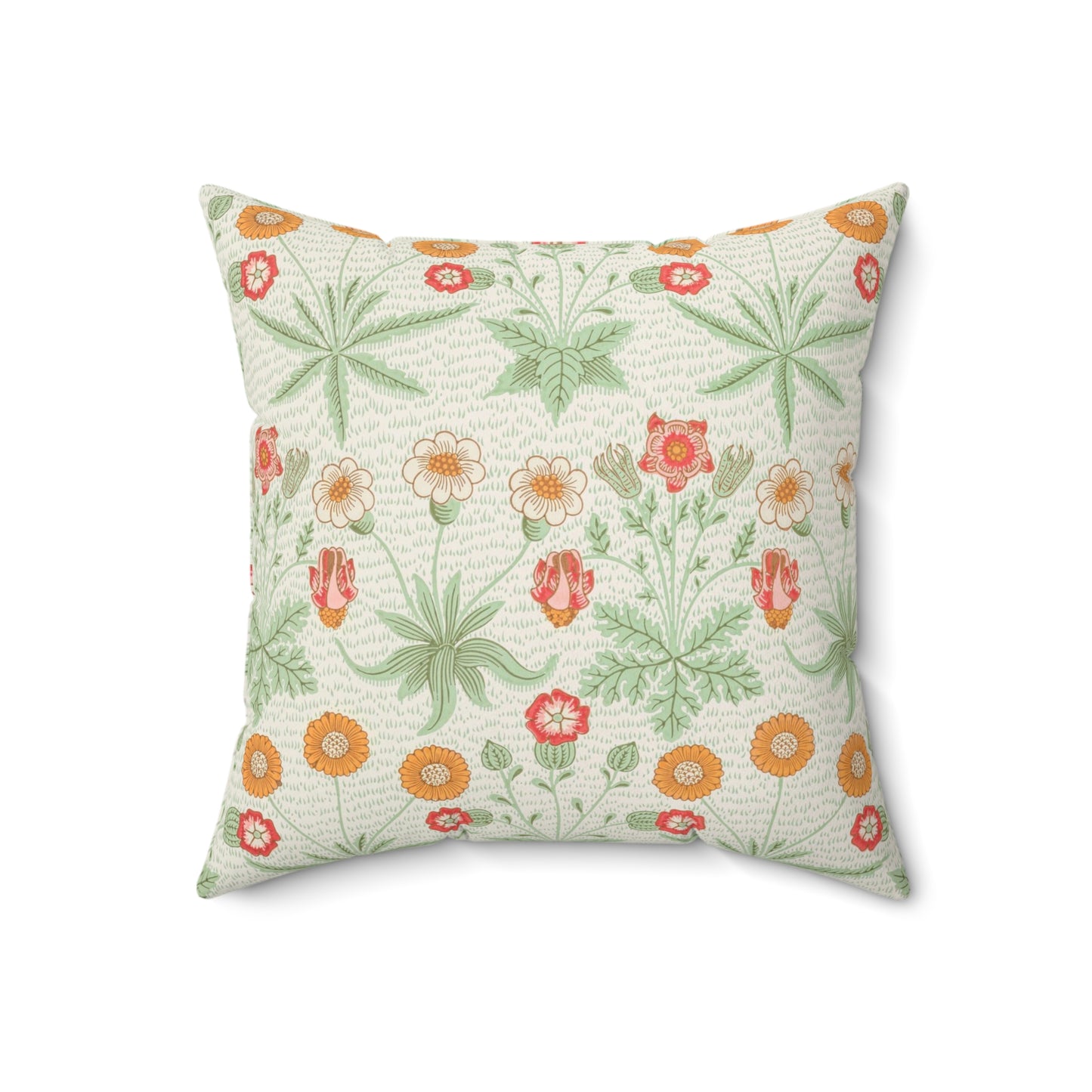 A square faux suede cushion with a floral pattern in shades of green, orange, and pink.