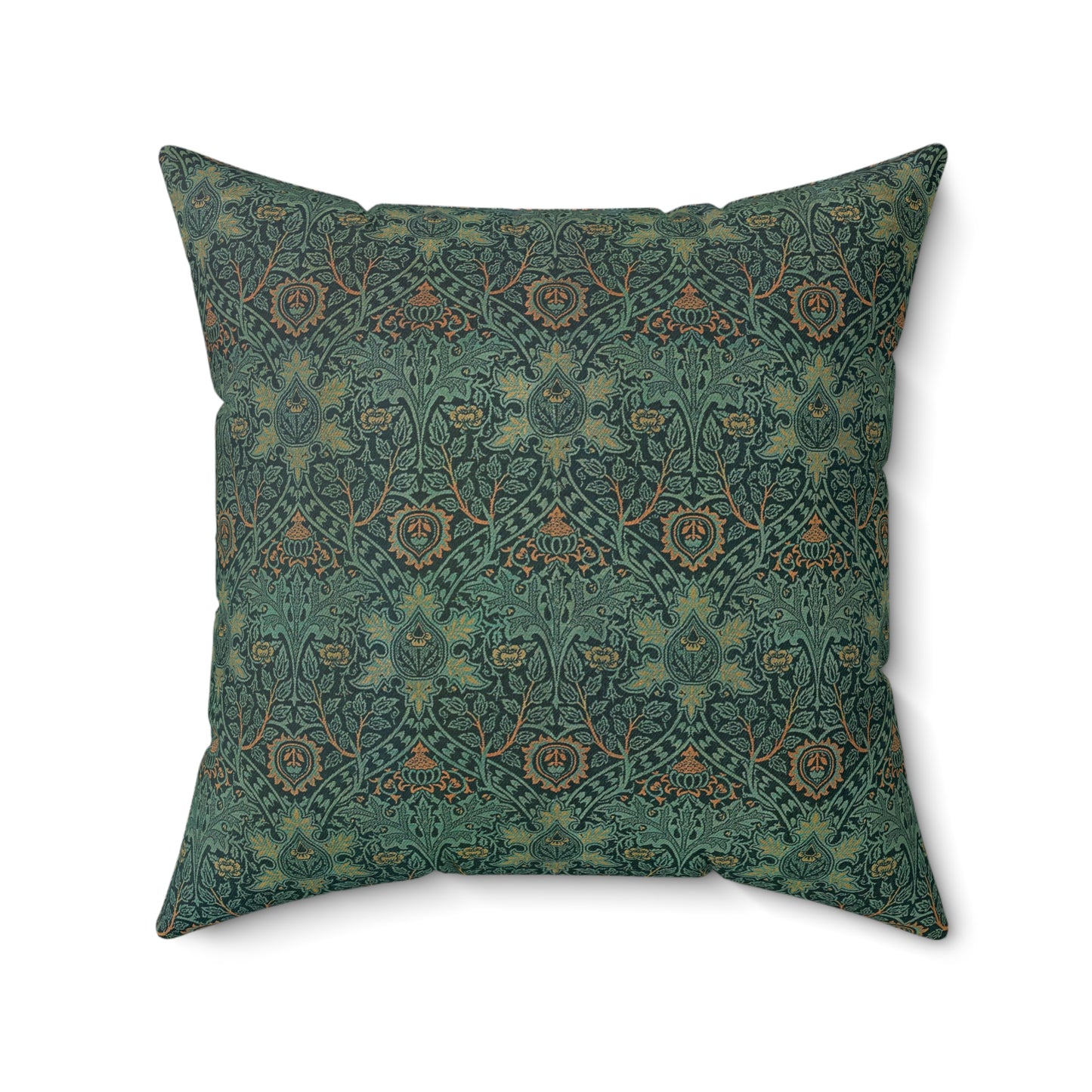 A square-shaped faux suede cushion with a geometric green pattern inspired by William Morris - Ispahan Collection.