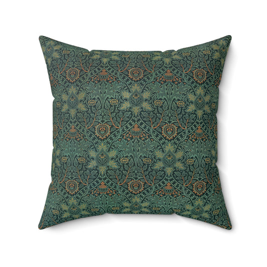 A square-shaped faux suede cushion with a geometric green pattern inspired by William Morris - Ispahan Collection.
