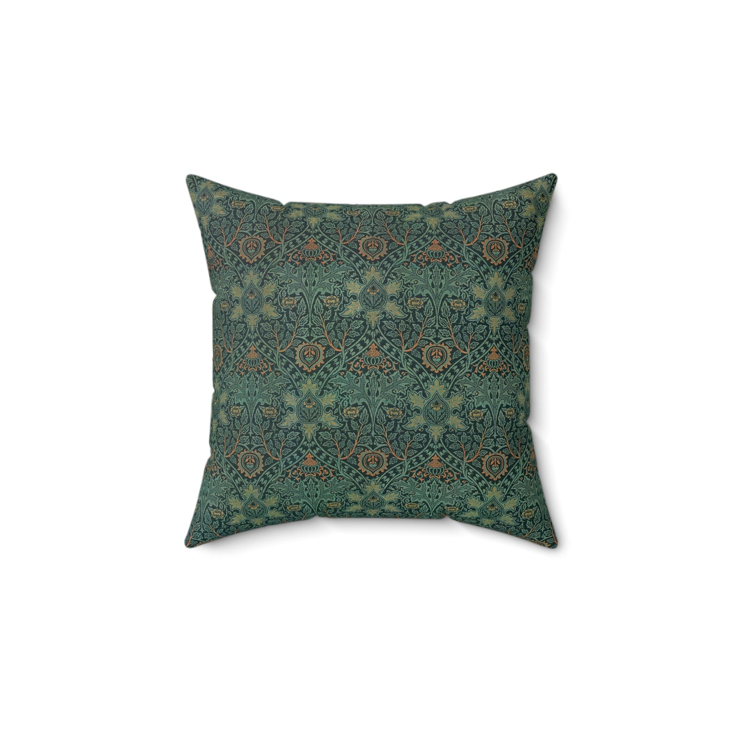 A square-shaped faux suede cushion with a geometric green pattern inspired by William Morris - Ispahan Collection.